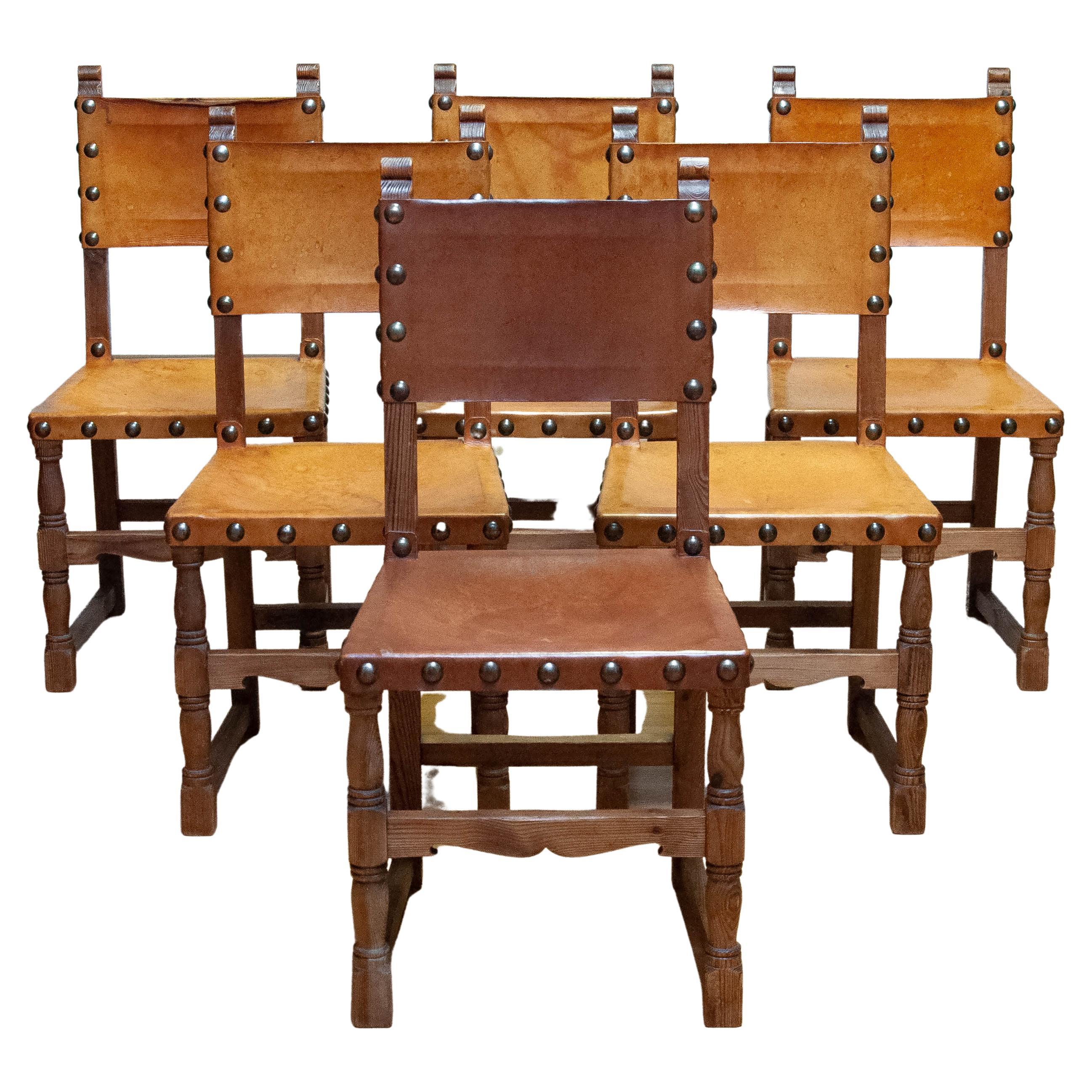 6 Antique Swedish Folk Art Farm County Dining Chairs In Pine And Tan Leather For Sale