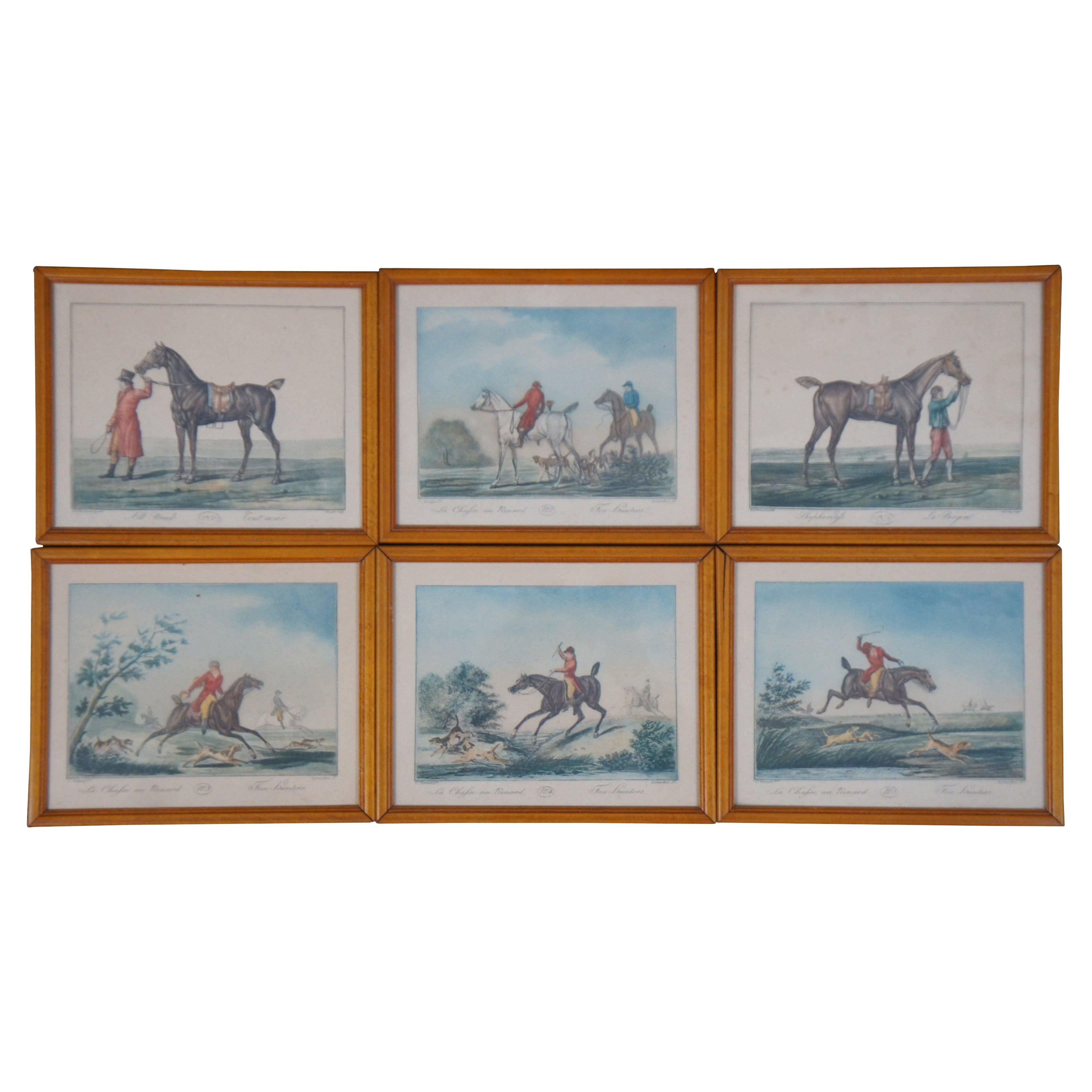 6 gravures anciennes à l'aquatinte en verre de Levachez représentant des chevaux équestres et une chasse à la renard de 8 po.