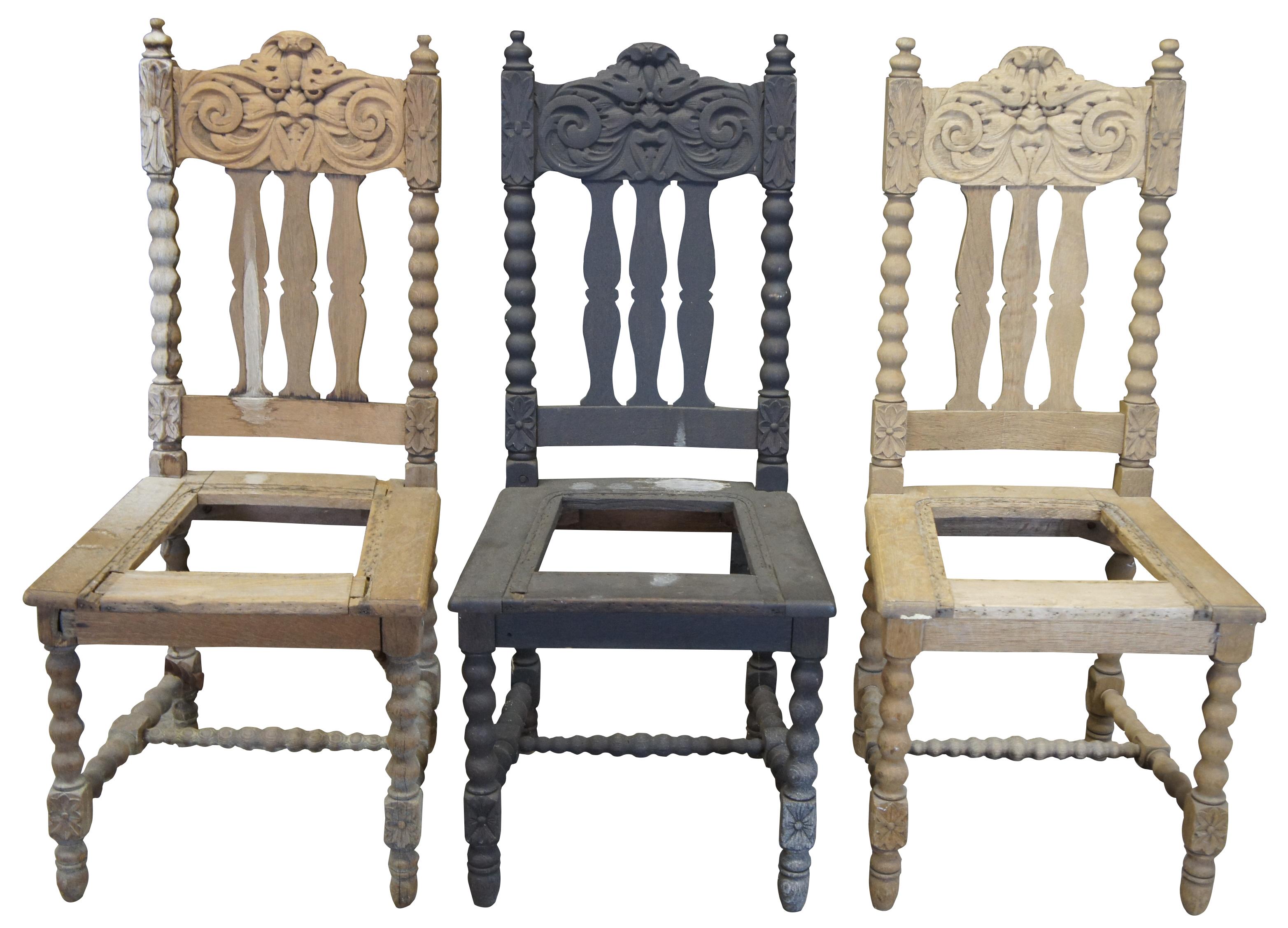 Set of six solid quarter sawn oak dining chairs from around 1895. They feature deeply sculpted 