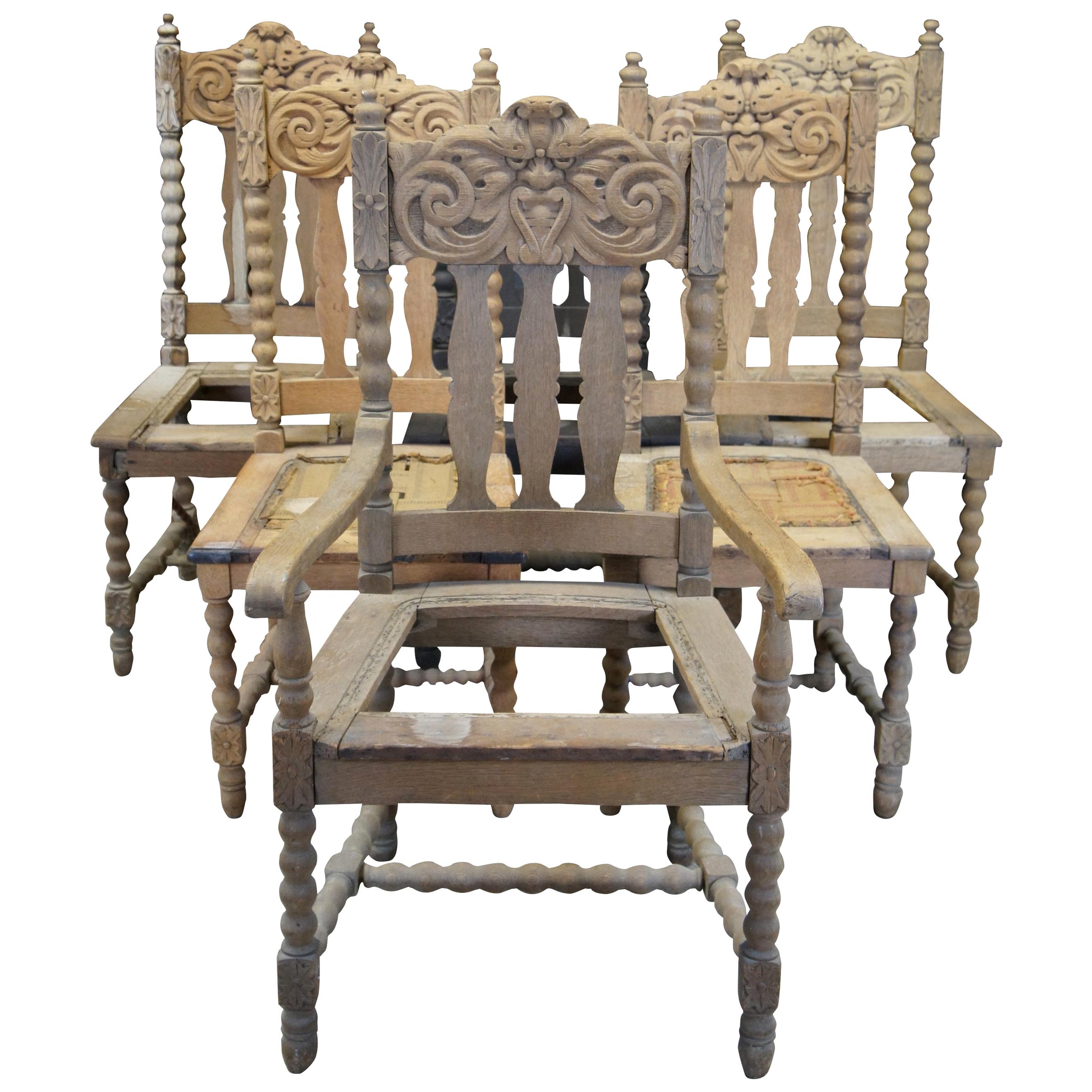 6 Antique Victorian Carved Oak Gothic Revival North Wind Face Dining Chairs