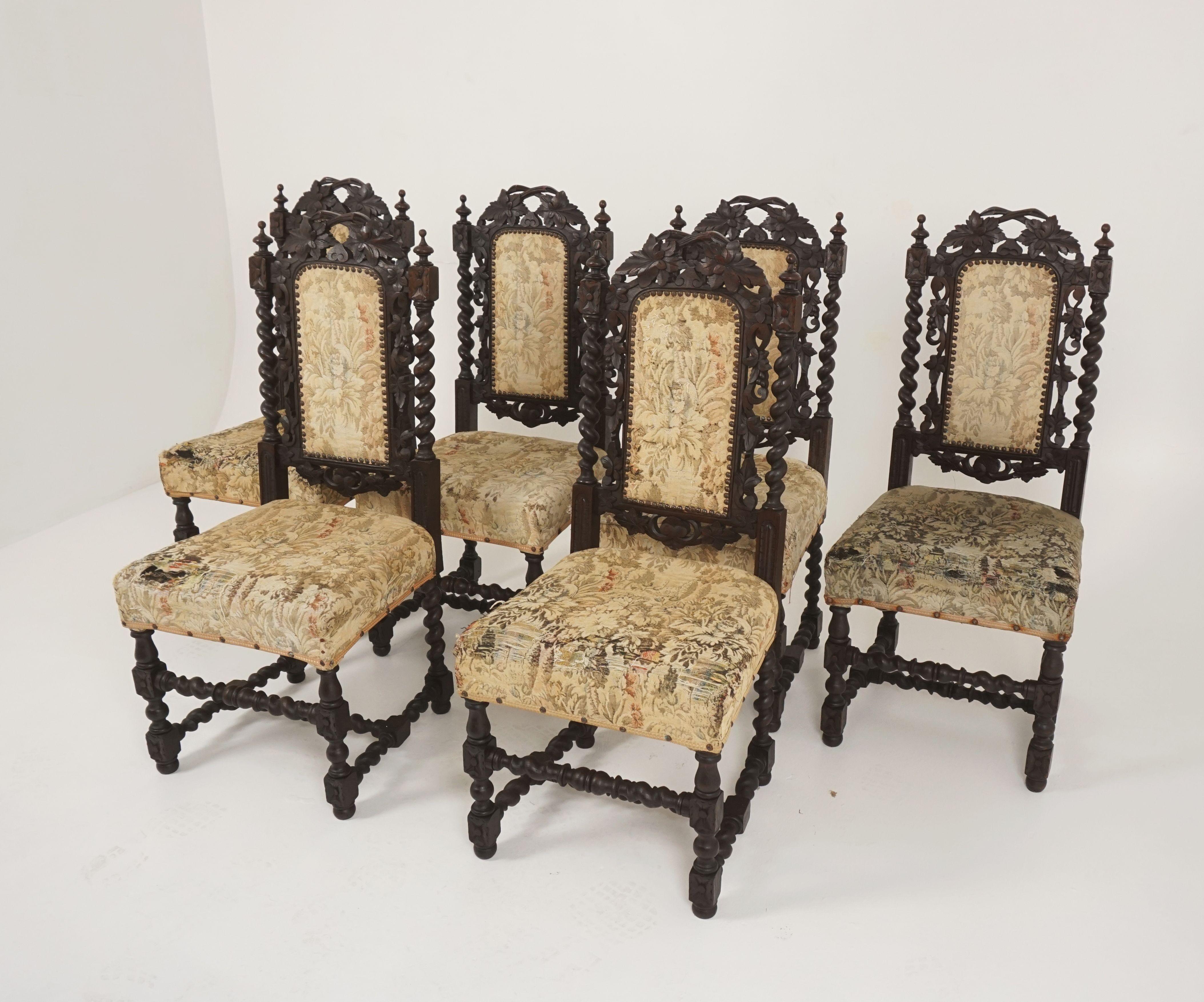6 antique Victorian chairs, carved oak, gothic revival, barley twist chairs, Scotland 1880, B2347

Scotland, 1880
Solid oak
Original finish
A very decorative set of chairs
Elaborately carved vine leaf
Carved and pierced back
Upholstered