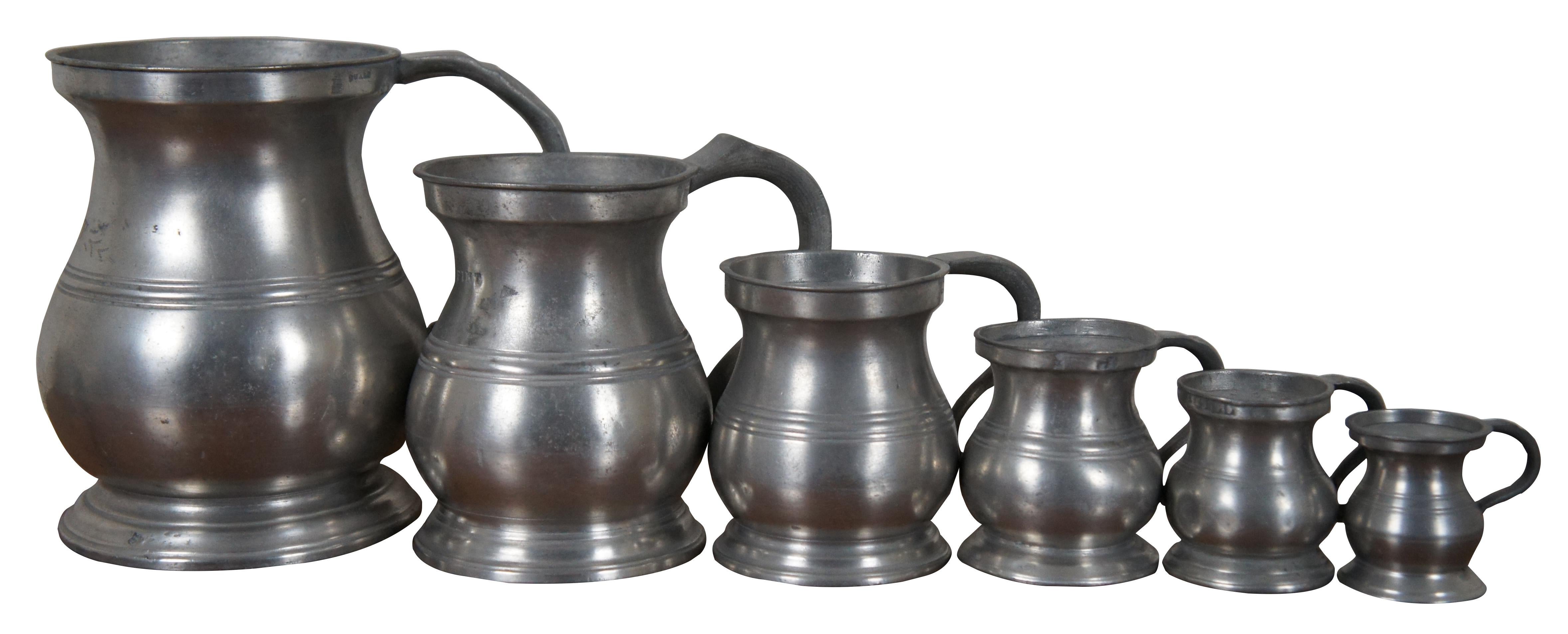 Late Victorian 6 Antique Victorian Graduated Pewter Measures Cups Mugs Tankards