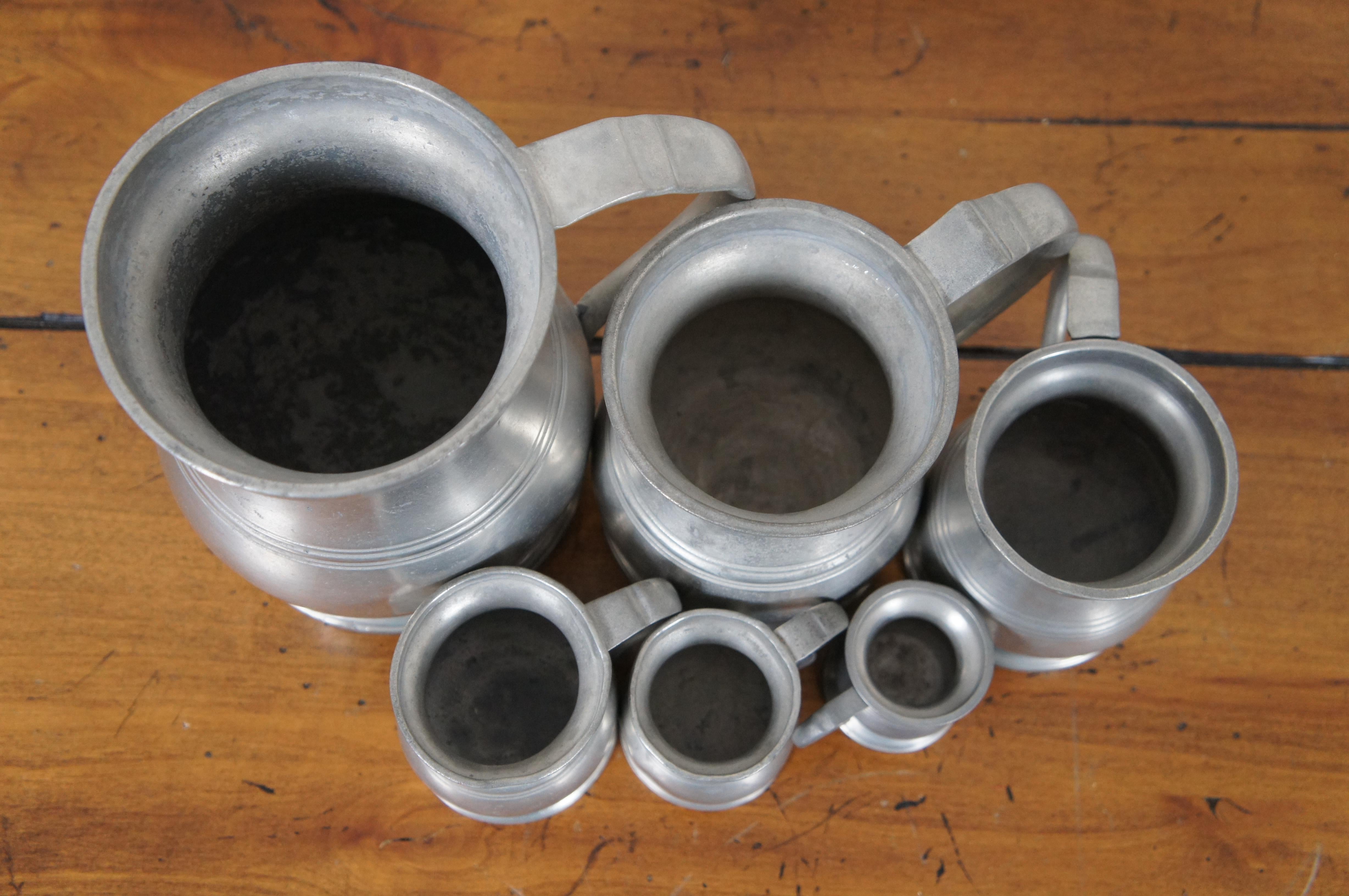 6 Antique Victorian Graduated Pewter Measures Cups Mugs Tankards In Good Condition In Dayton, OH
