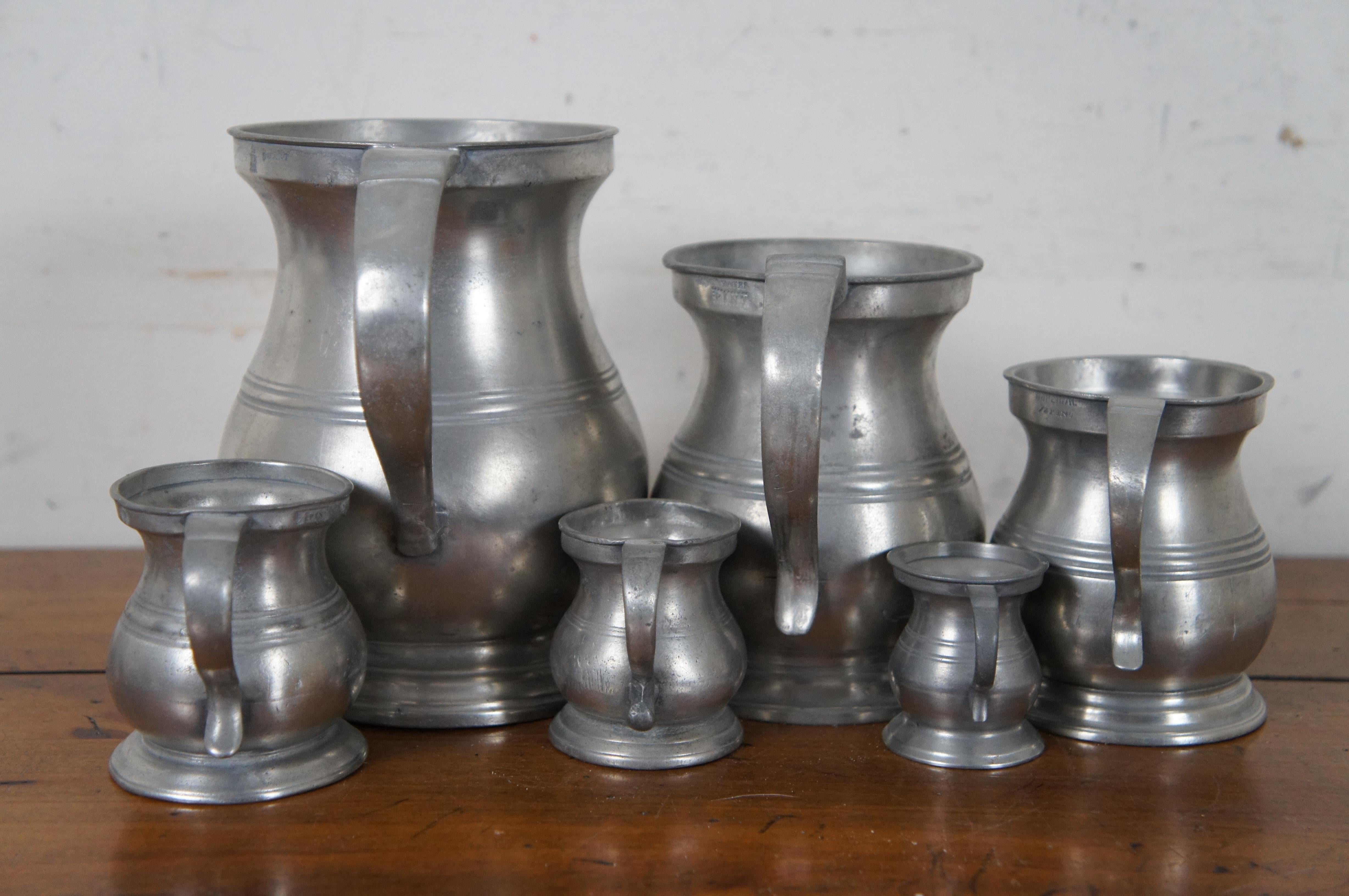 6 Antique Victorian Graduated Pewter Measures Cups Mugs Tankards 1