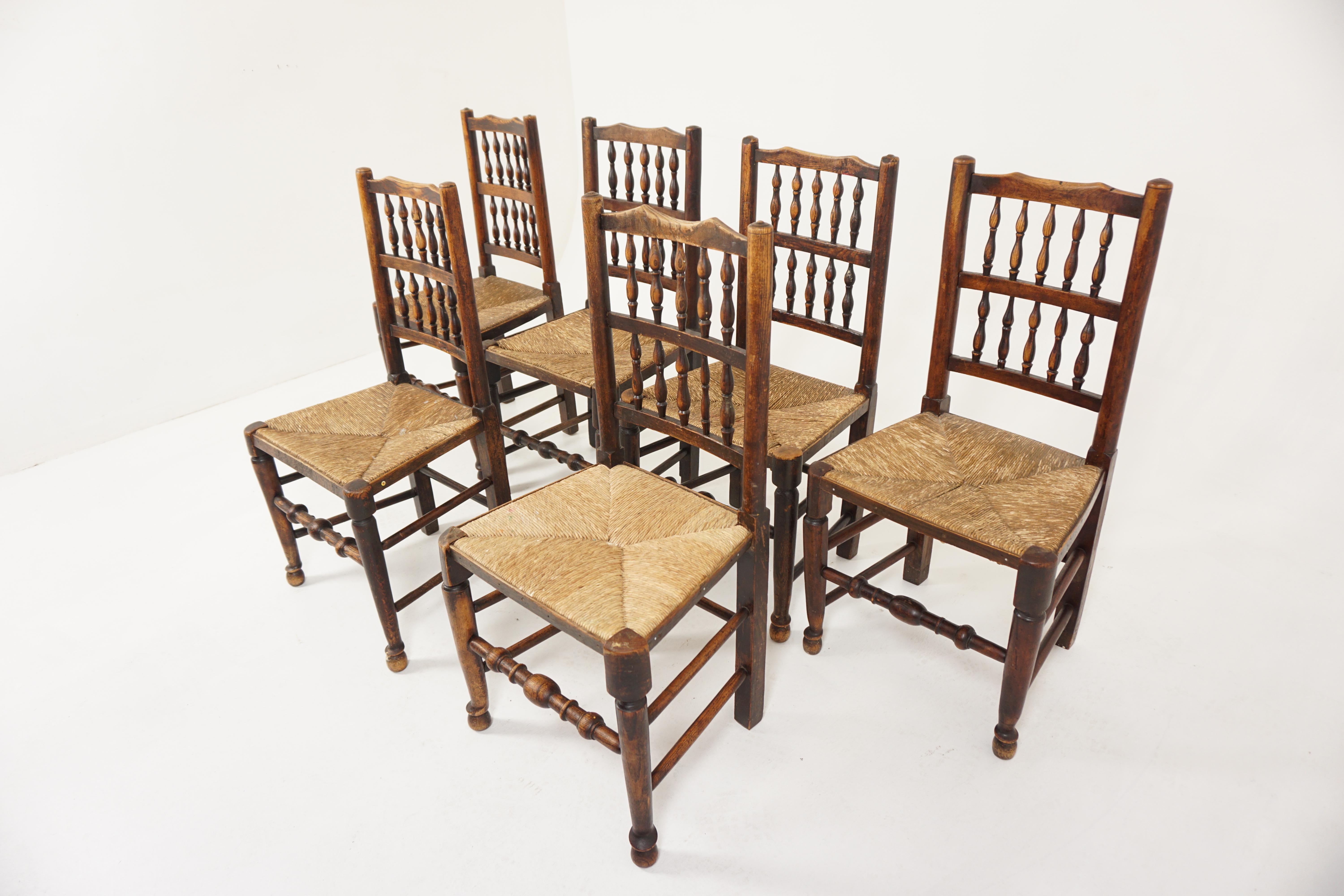 6 antique Victorian rush seated Country chairs, Lancashire England 1890, H572

England 1890
Solid Elm
Original finish
Shaped top rail with turned spindle backs and replacement rush seats
The chairs are supported on shaped front legs with