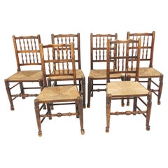 6 Antique Victorian Rush Seated Country Chairs, Lancashire England, 1890, H572