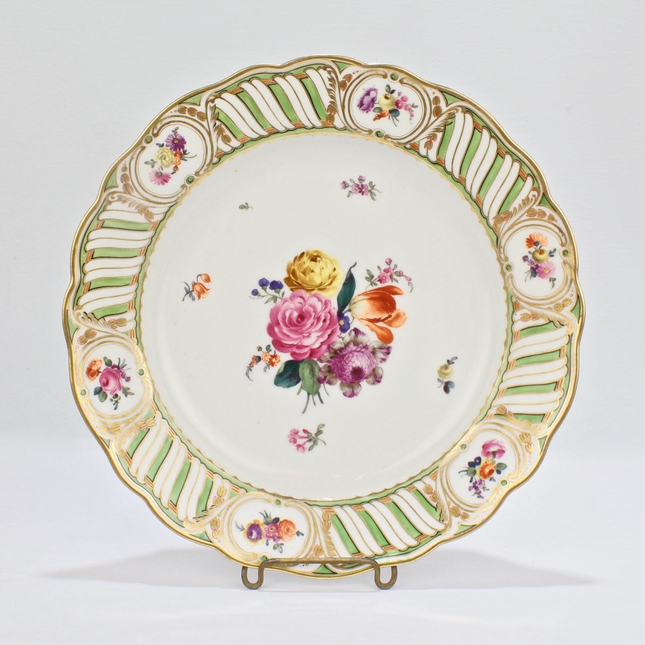 6 Antique Vienna Porcelain Plates with Green Borders & Deutsche Blumen Flowers 3