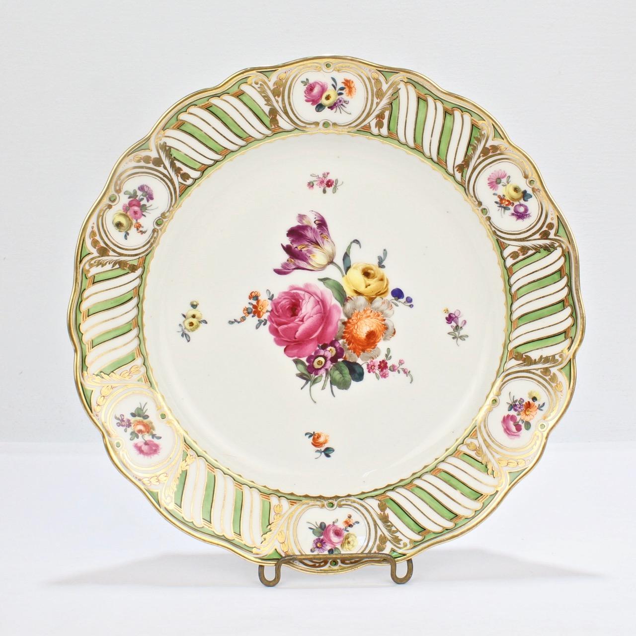 6 Antique Vienna Porcelain Plates with Green Borders & Deutsche Blumen Flowers 4
