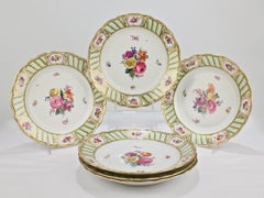 6 Antique Vienna Porcelain Plates with Green Borders & Deutsche Blumen Flowers