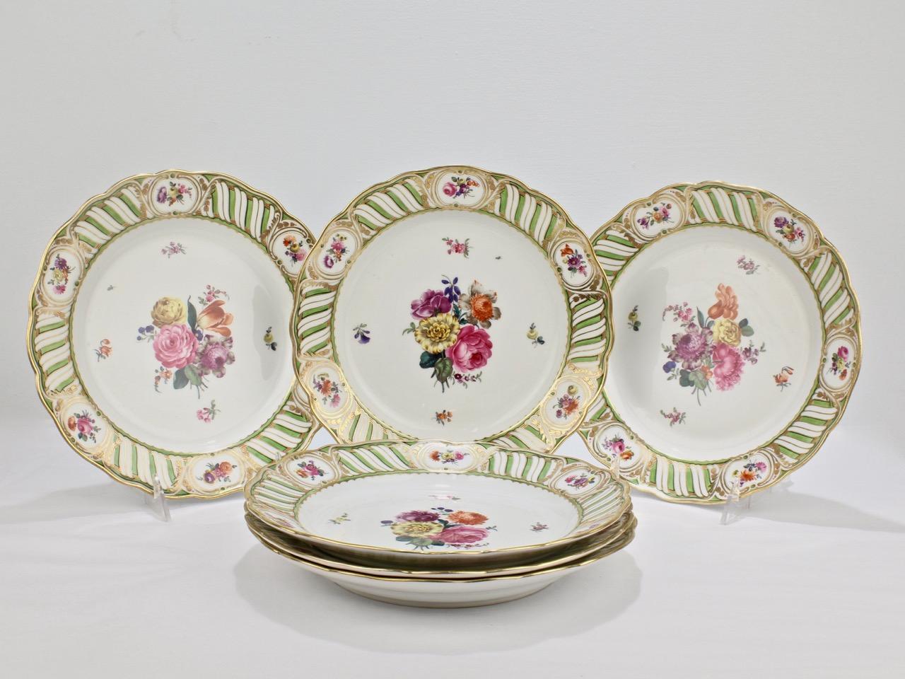 Rococo Revival 6 Antique Vienna Porcelain Plates with Green Borders & Deutsche Blumen Flowers