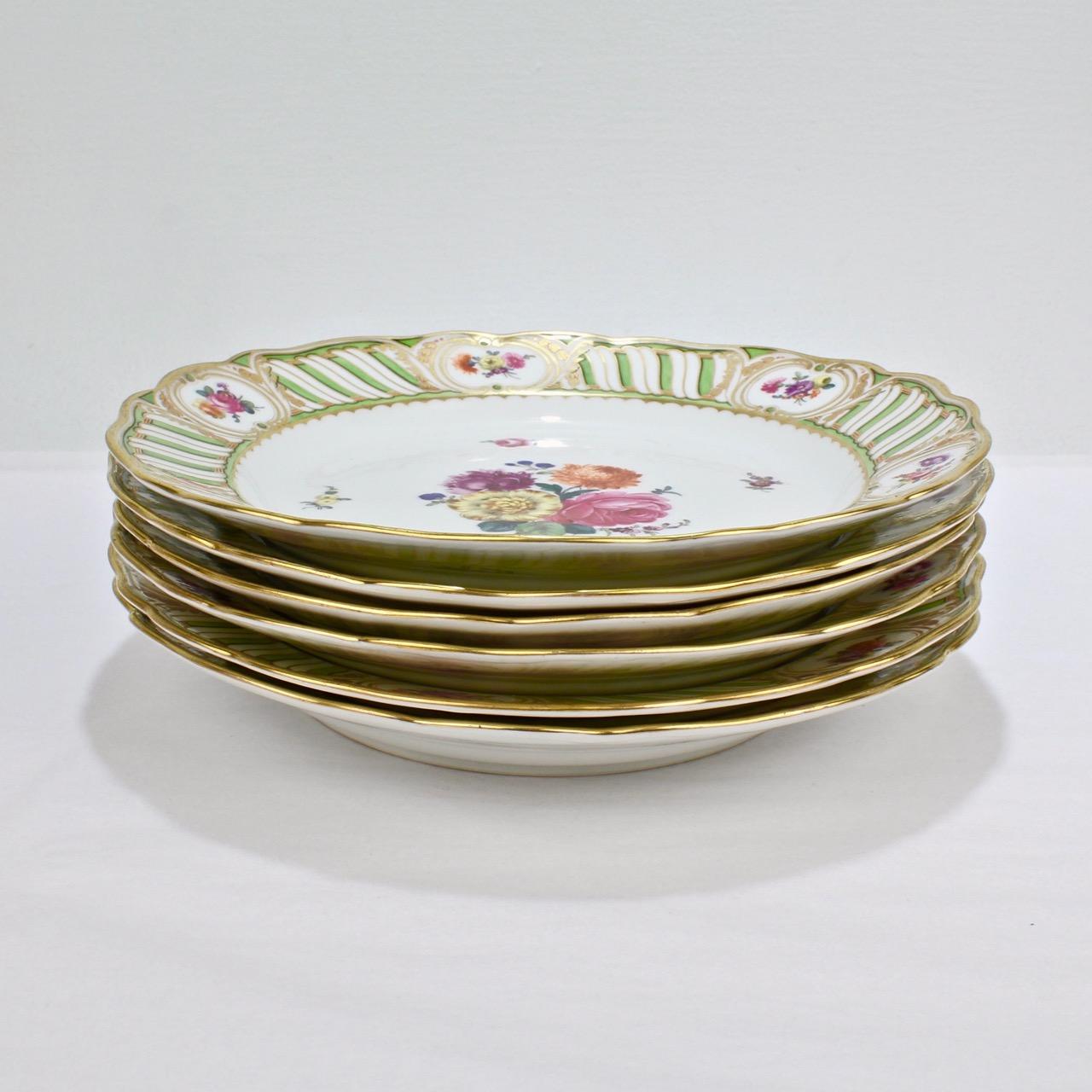 Austrian 6 Antique Vienna Porcelain Plates with Green Borders & Deutsche Blumen Flowers