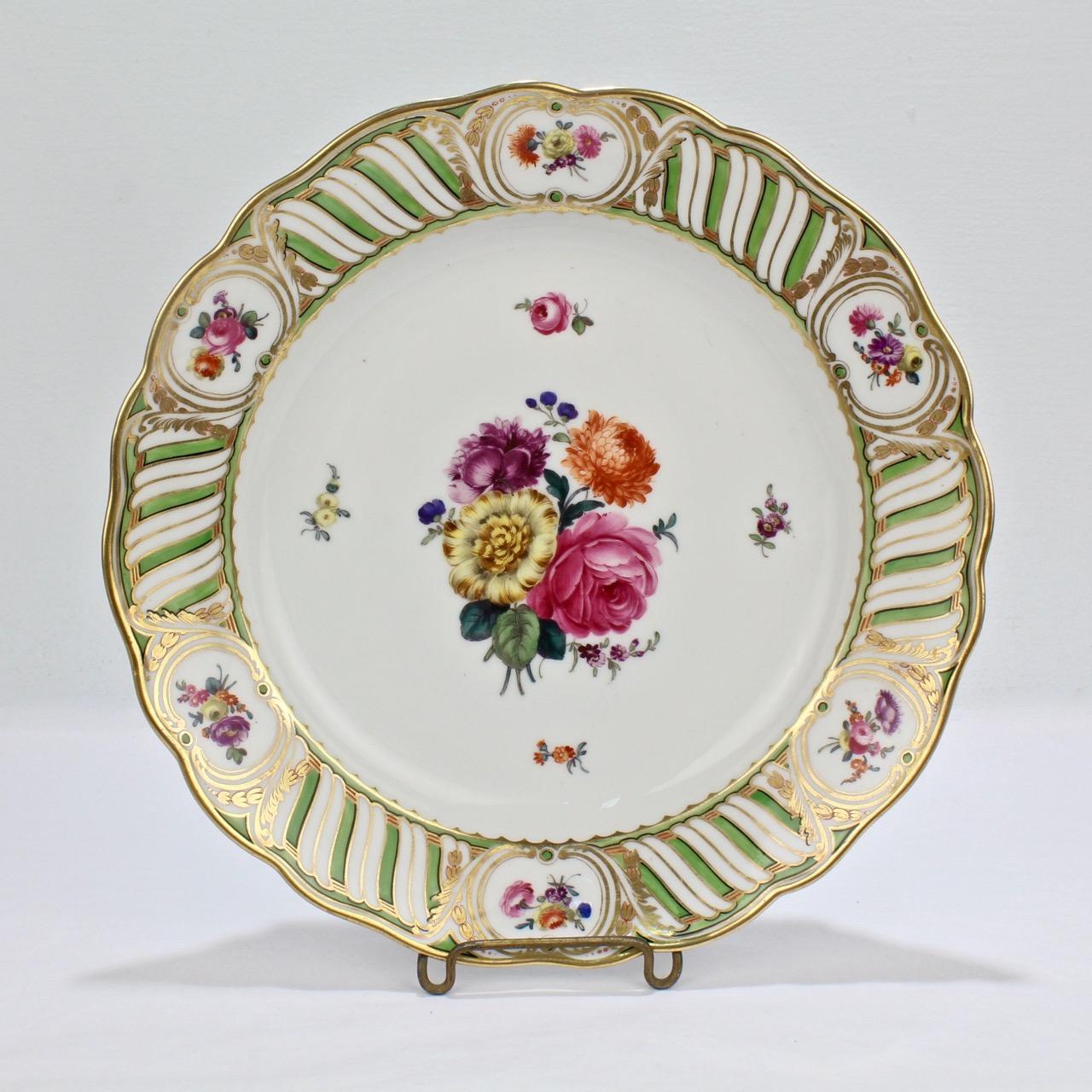 6 Antique Vienna Porcelain Plates with Green Borders & Deutsche Blumen Flowers In Good Condition In Philadelphia, PA