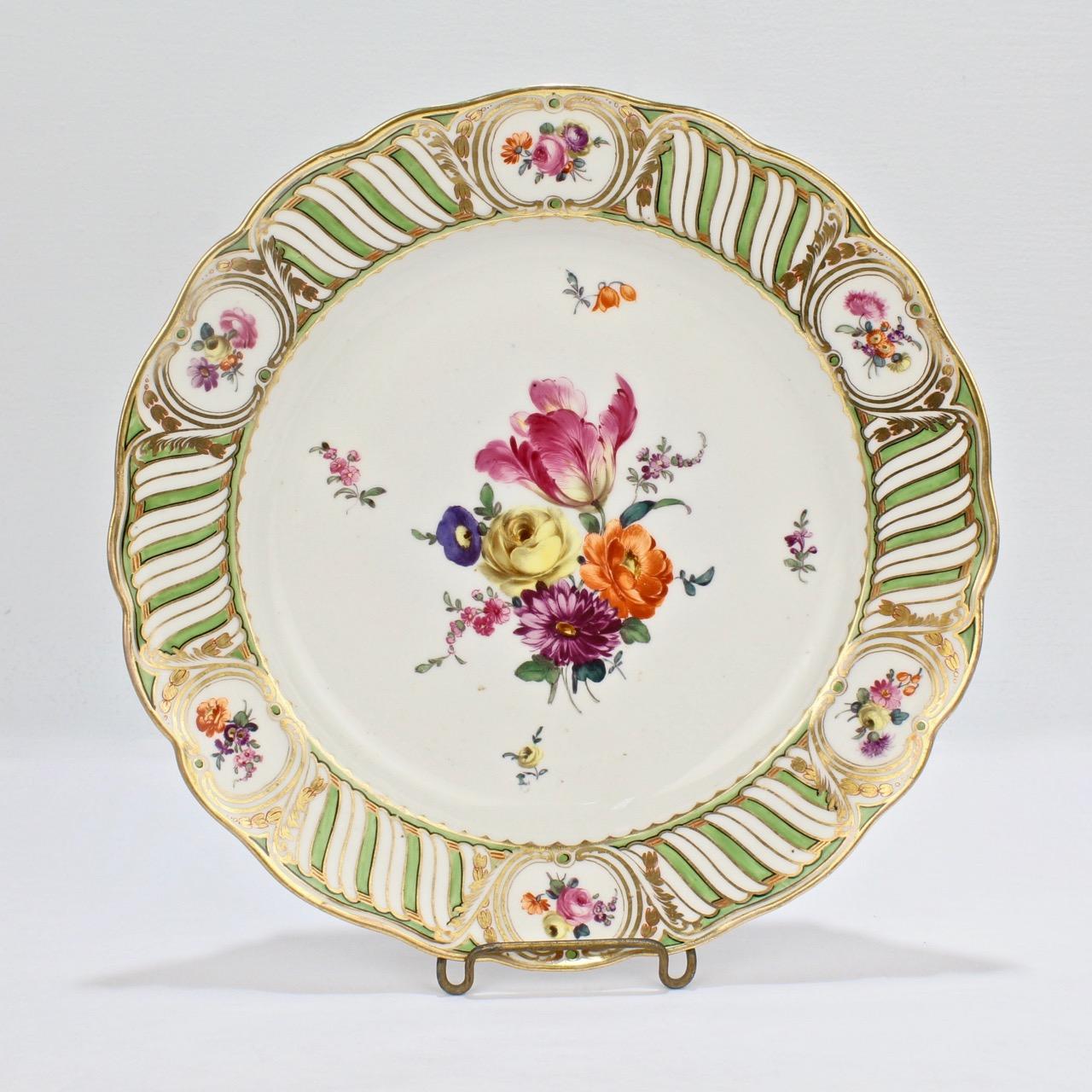 19th Century 6 Antique Vienna Porcelain Plates with Green Borders & Deutsche Blumen Flowers