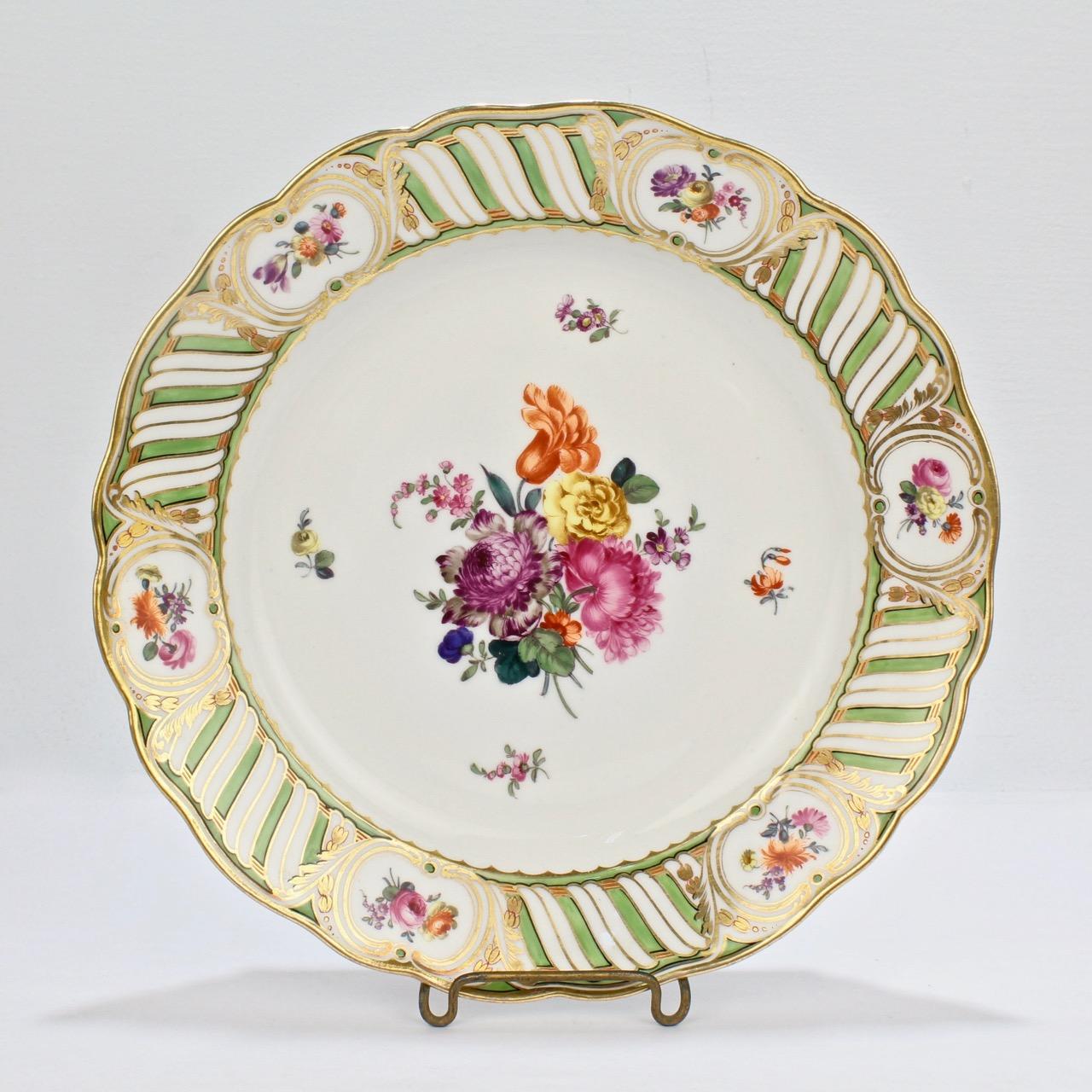 6 Antique Vienna Porcelain Plates with Green Borders & Deutsche Blumen Flowers 1