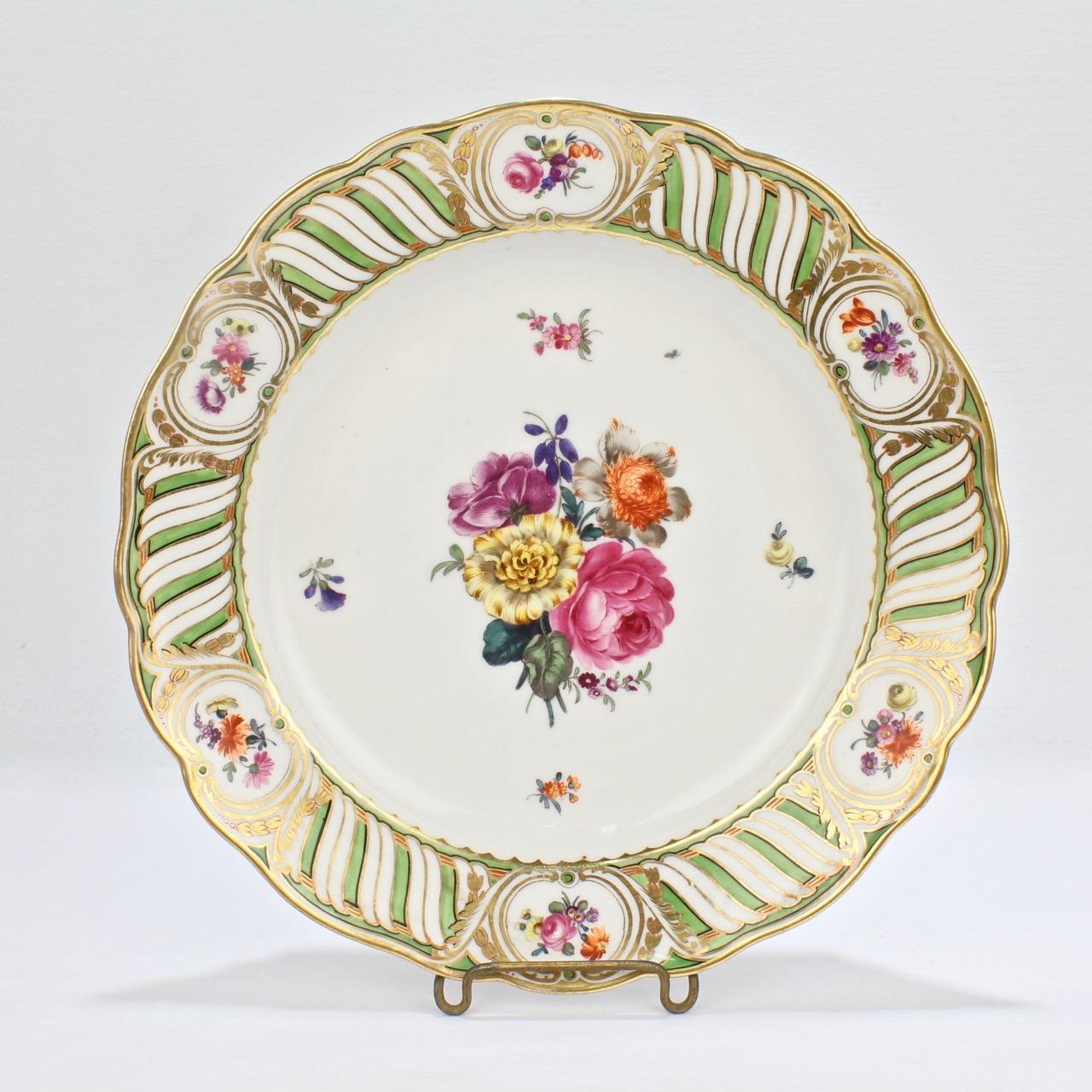 6 Antique Vienna Porcelain Plates with Green Borders & Deutsche Blumen Flowers 2