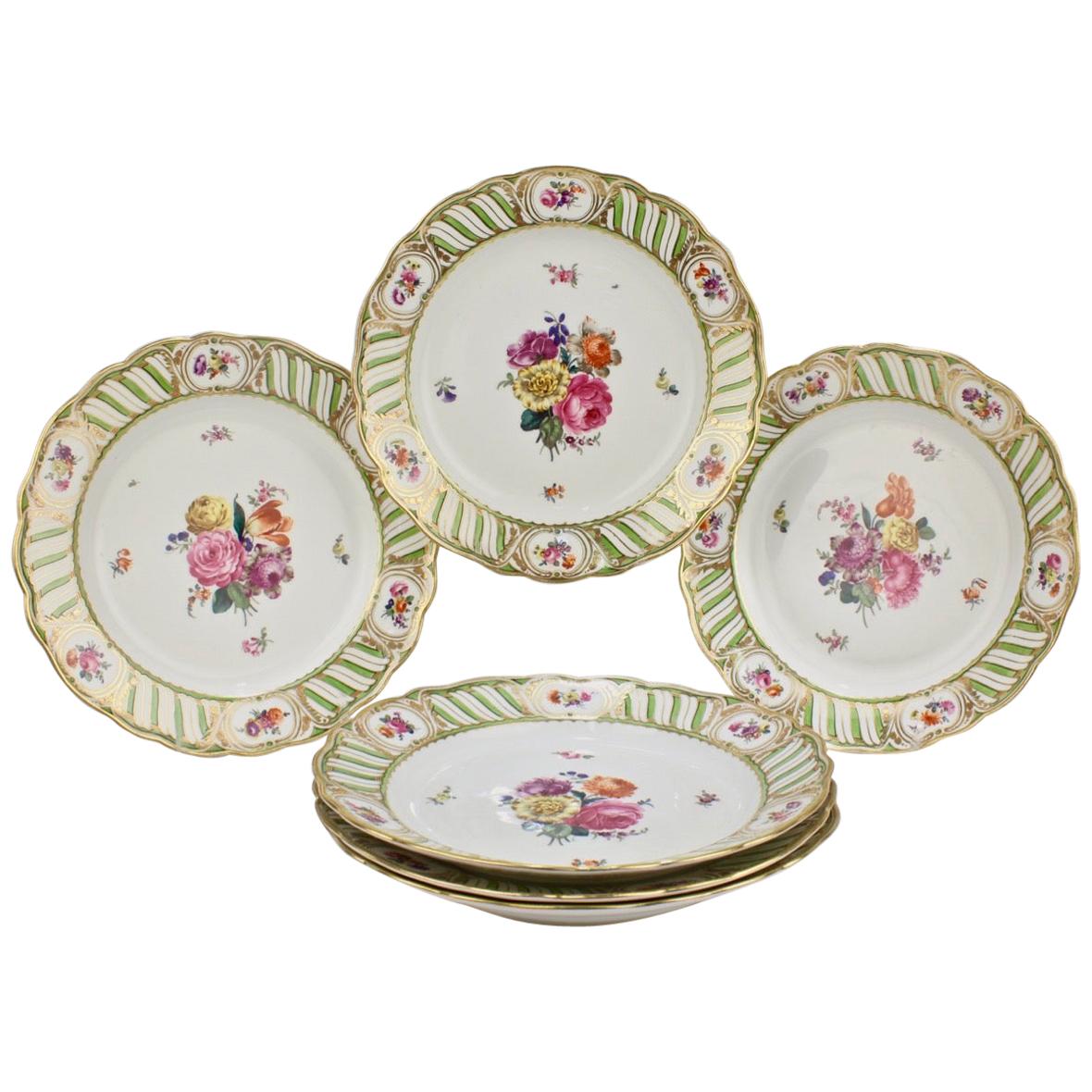 6 Antique Vienna Porcelain Plates with Green Borders & Deutsche Blumen Flowers