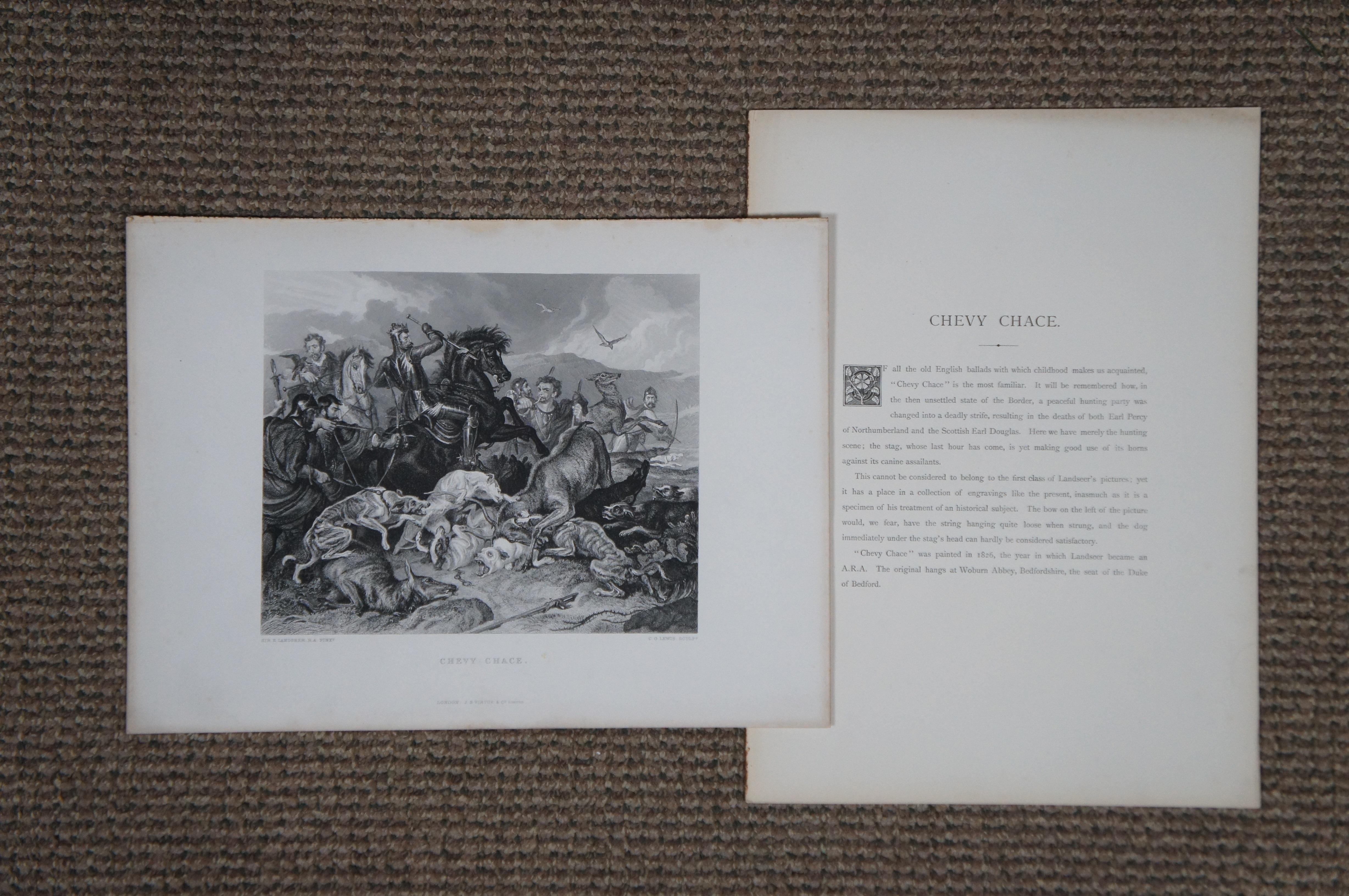 6 antike Virtue & Co Sir Edwin Landseer Hirsch-Hunde- Jagd-Gravurdrucke 14