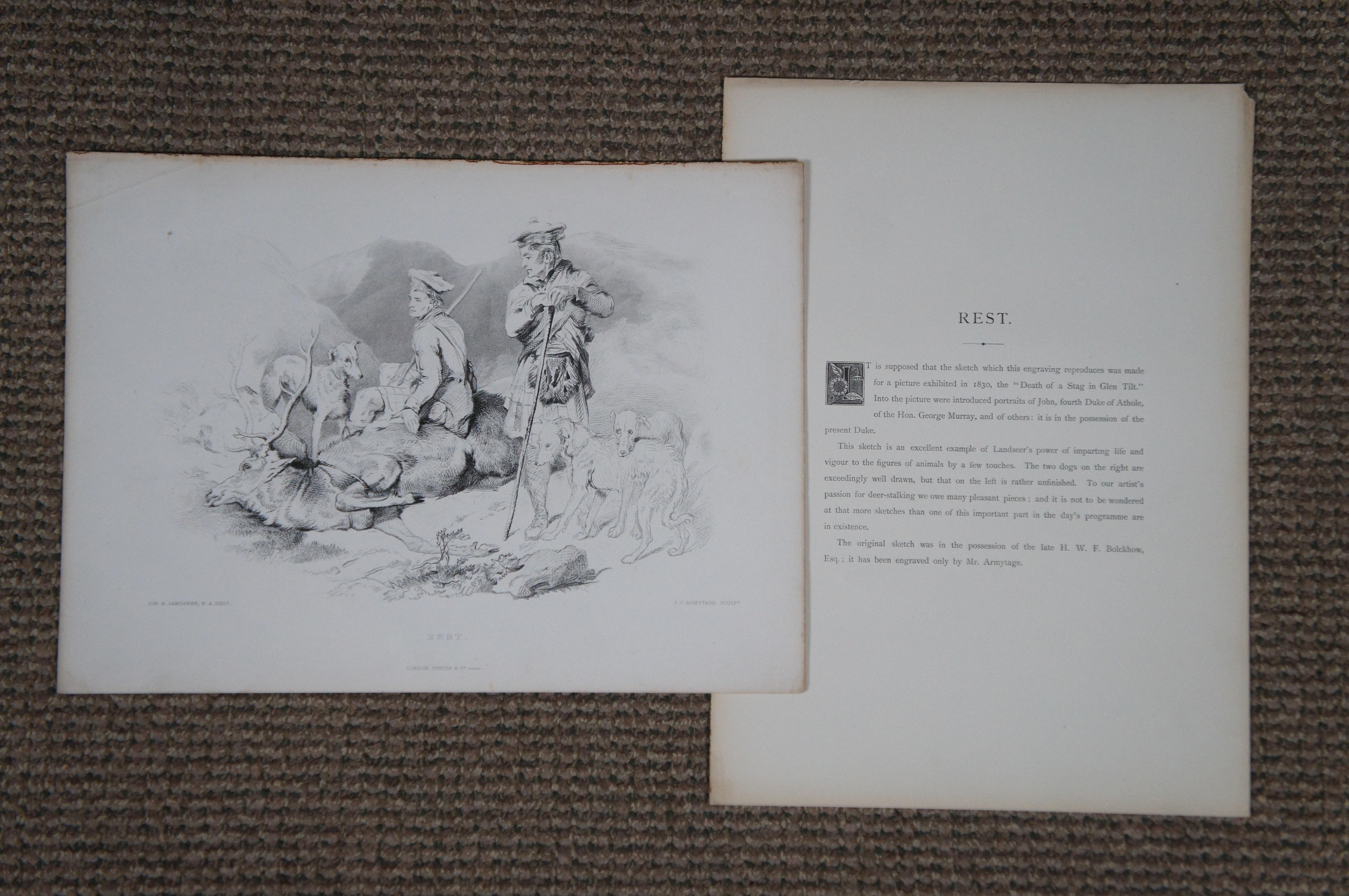 6 antike Virtue & Co Sir Edwin Landseer Hirsch-Hunde- Jagd-Gravurdrucke 14