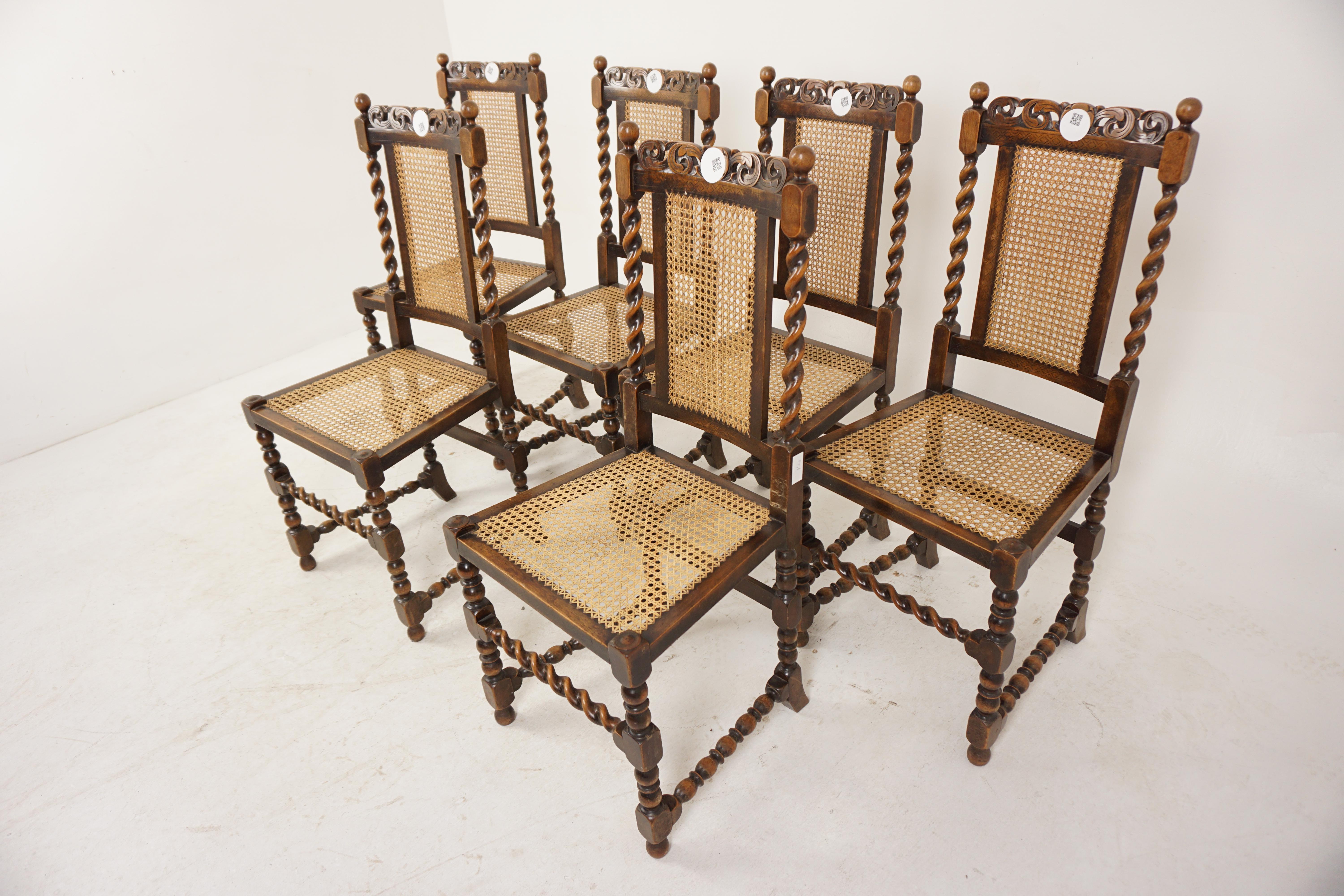 6 Antique Walnut Chairs, Barley Twist Dining Chairs, Caned Back and Seat, Antique Furniture, Scotland 1910, H1030

Scotland 1910
Solid Walnut
Original Finish
Carved rail on top
Pair of barley twist supports on the ends
Caned back and