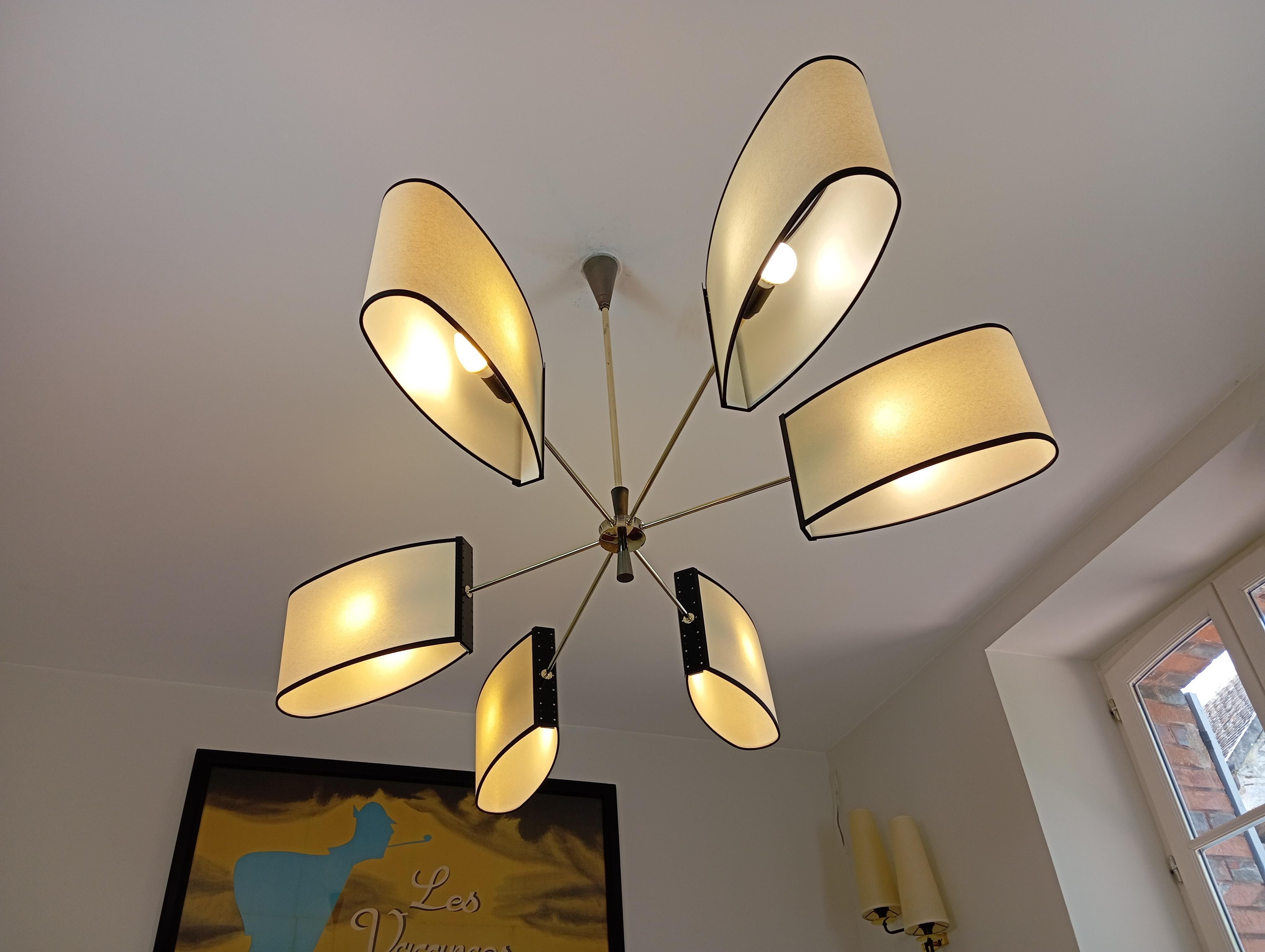 Brass 6-arm asymmetrical chandelier, Maison Lunel circa 1950