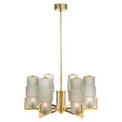 6 Arm Brass And Glass Modernist Chandeliers