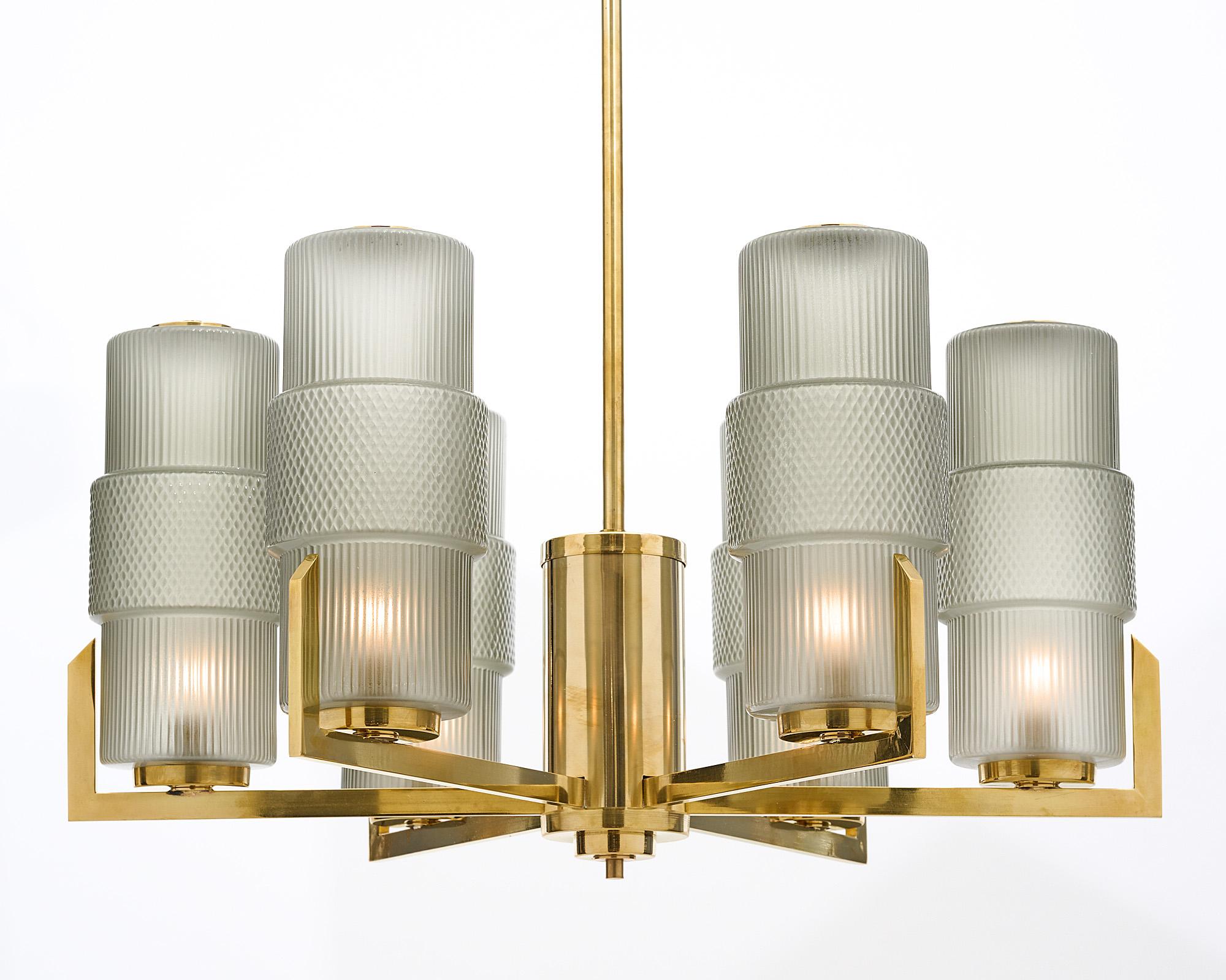 Italian 6 Arm Brass And Glass Modernist Chandeliers For Sale