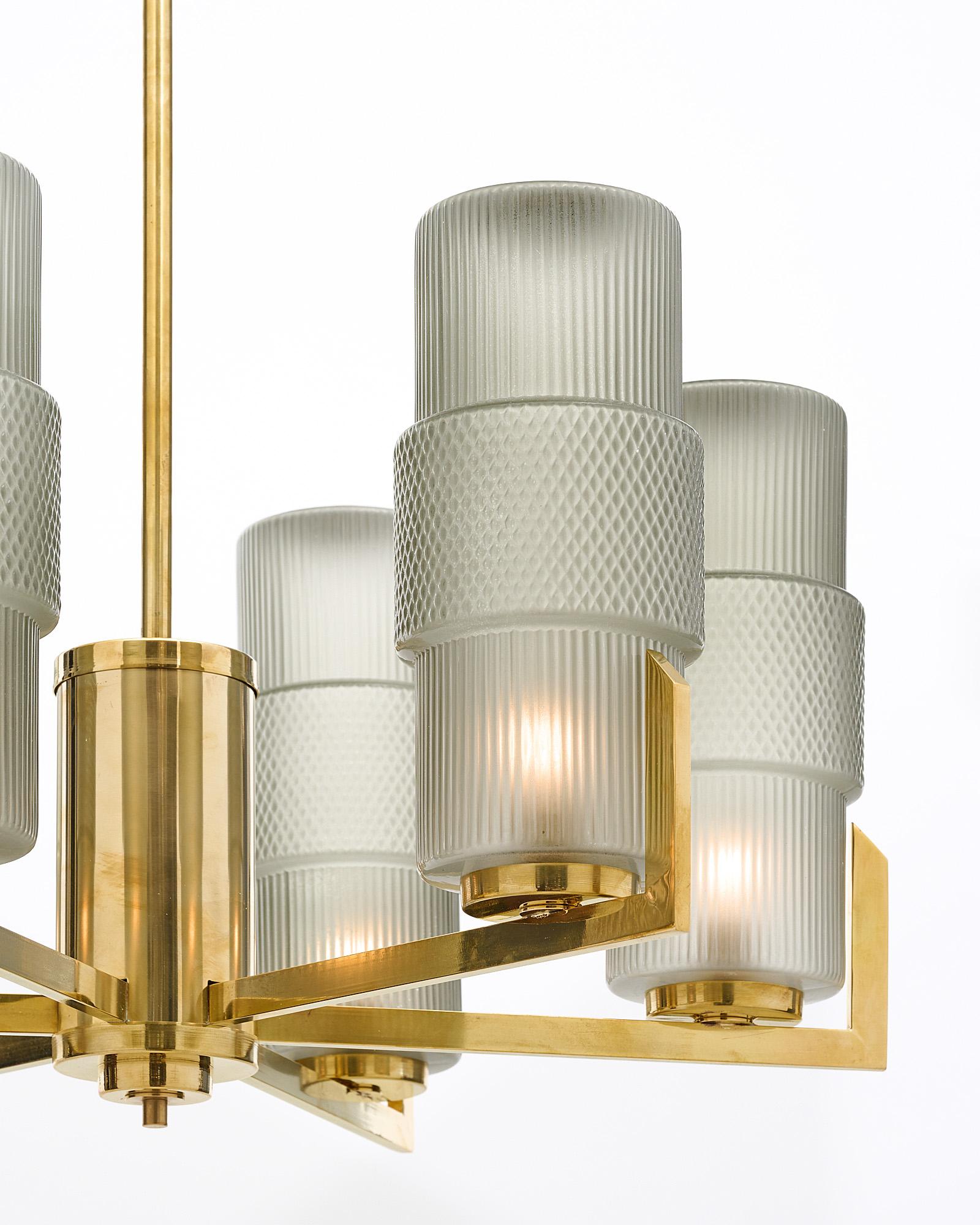 6 Arm Brass And Glass Modernist Chandeliers In New Condition For Sale In Austin, TX