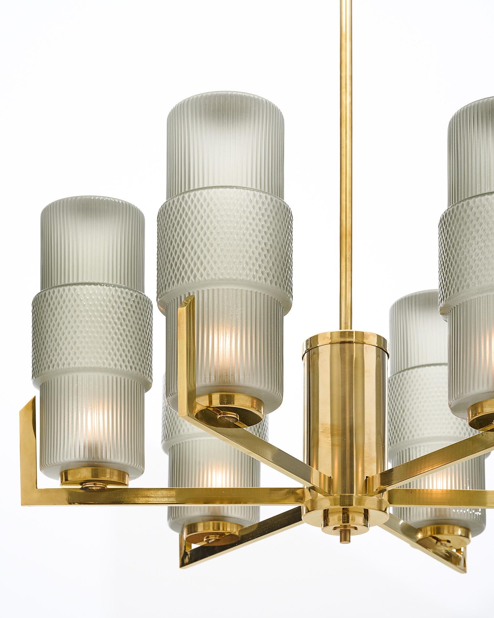 Contemporary 6 Arm Brass And Glass Modernist Chandeliers For Sale