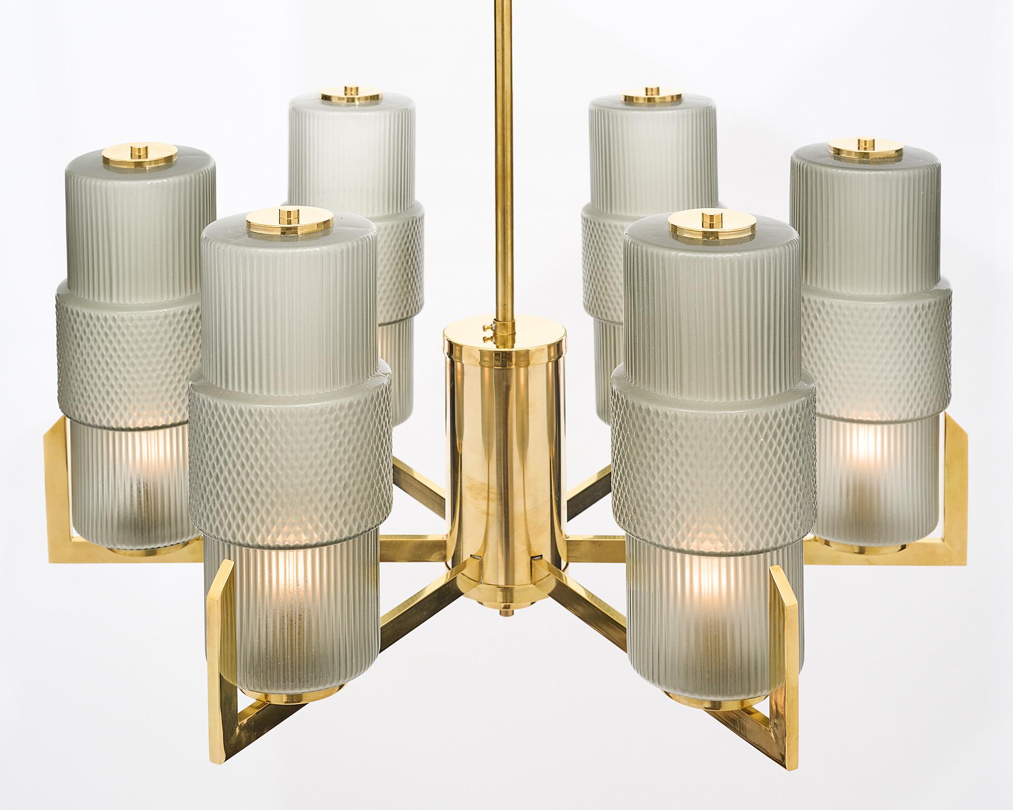 6 Arm Brass And Glass Modernist Chandeliers For Sale 2