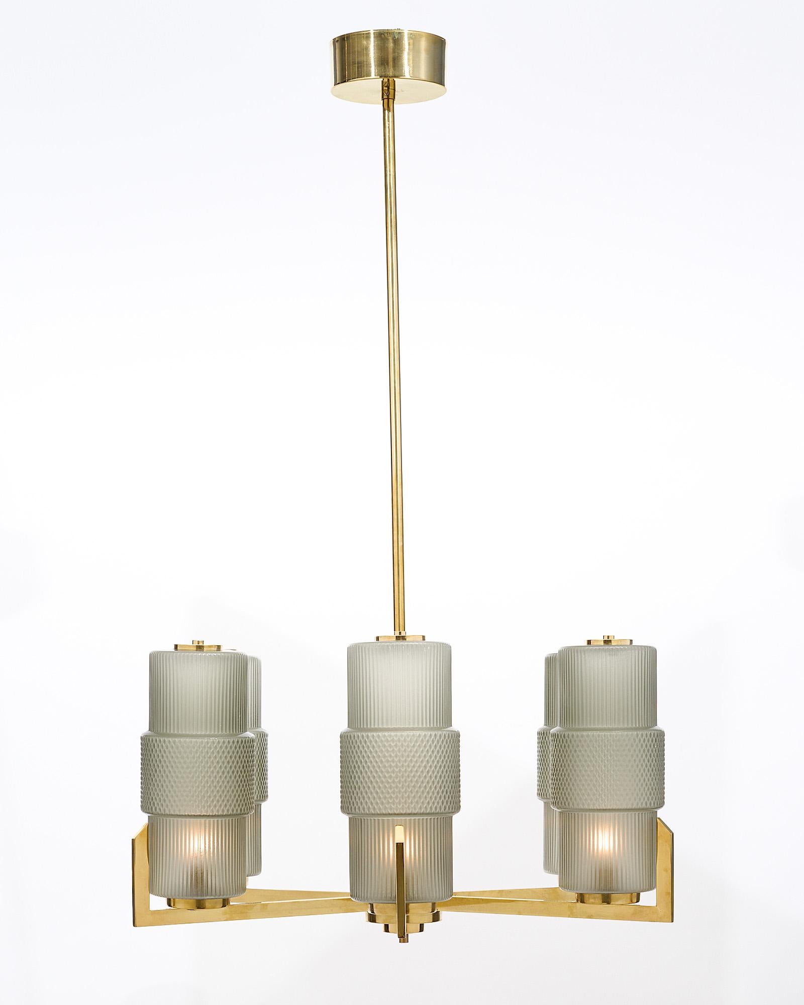 6 Arm Brass And Glass Modernist Chandeliers For Sale 3
