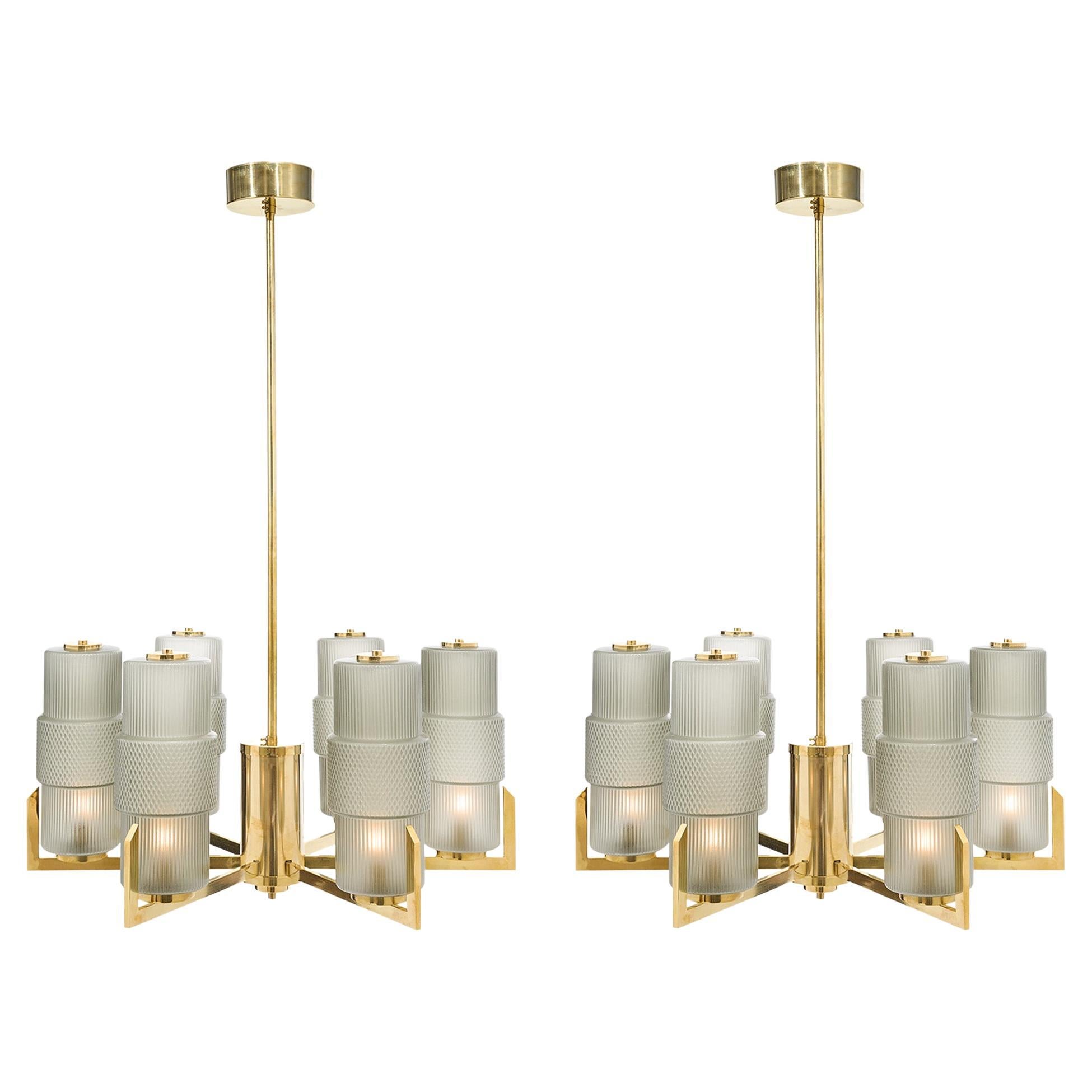 6 Arm Brass And Glass Modernist Chandeliers For Sale