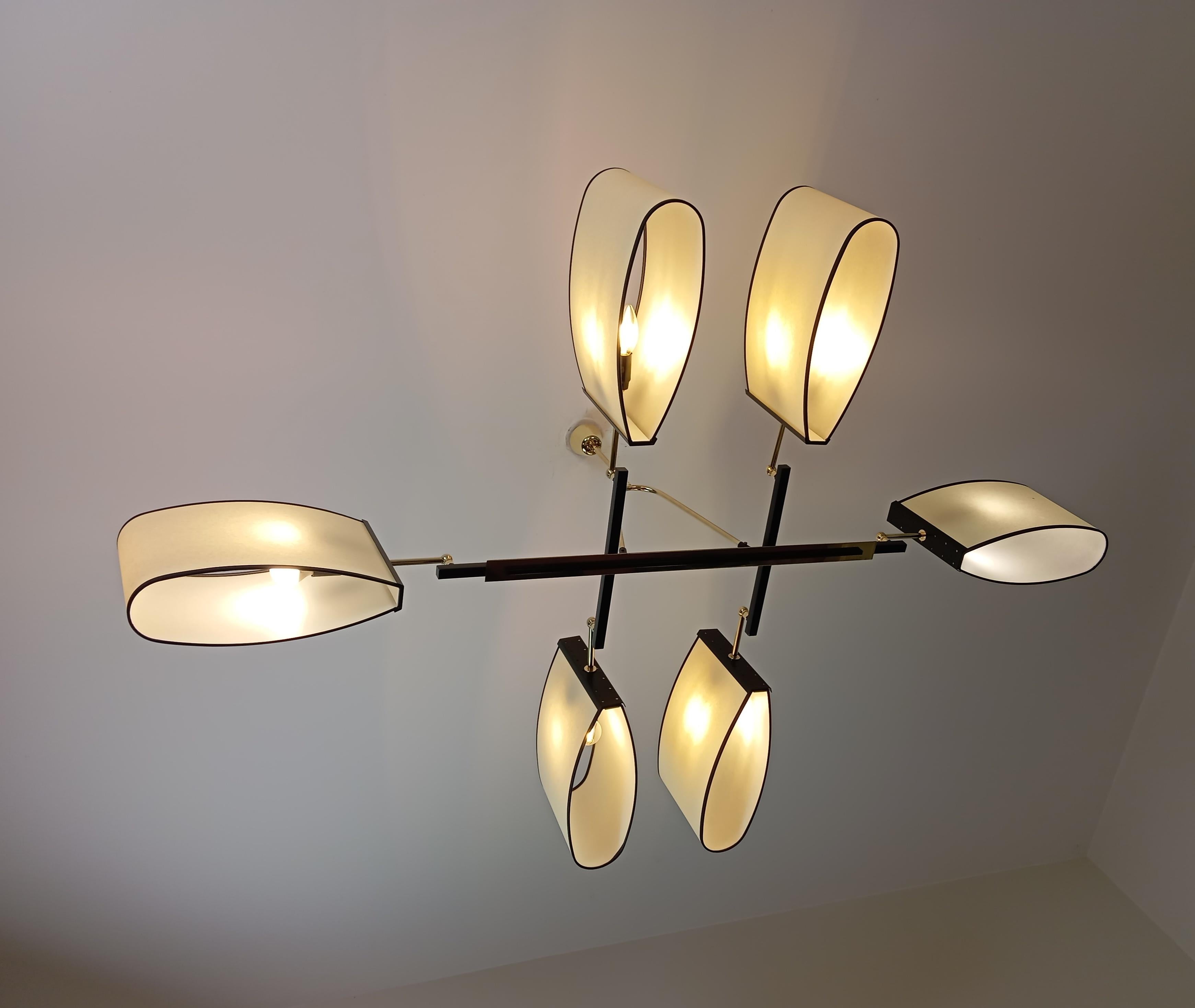 Lampadario a 6 bracci di R. Lunel, circa 1950 In condizioni ottime in vendita a Saint-Ouen, FR