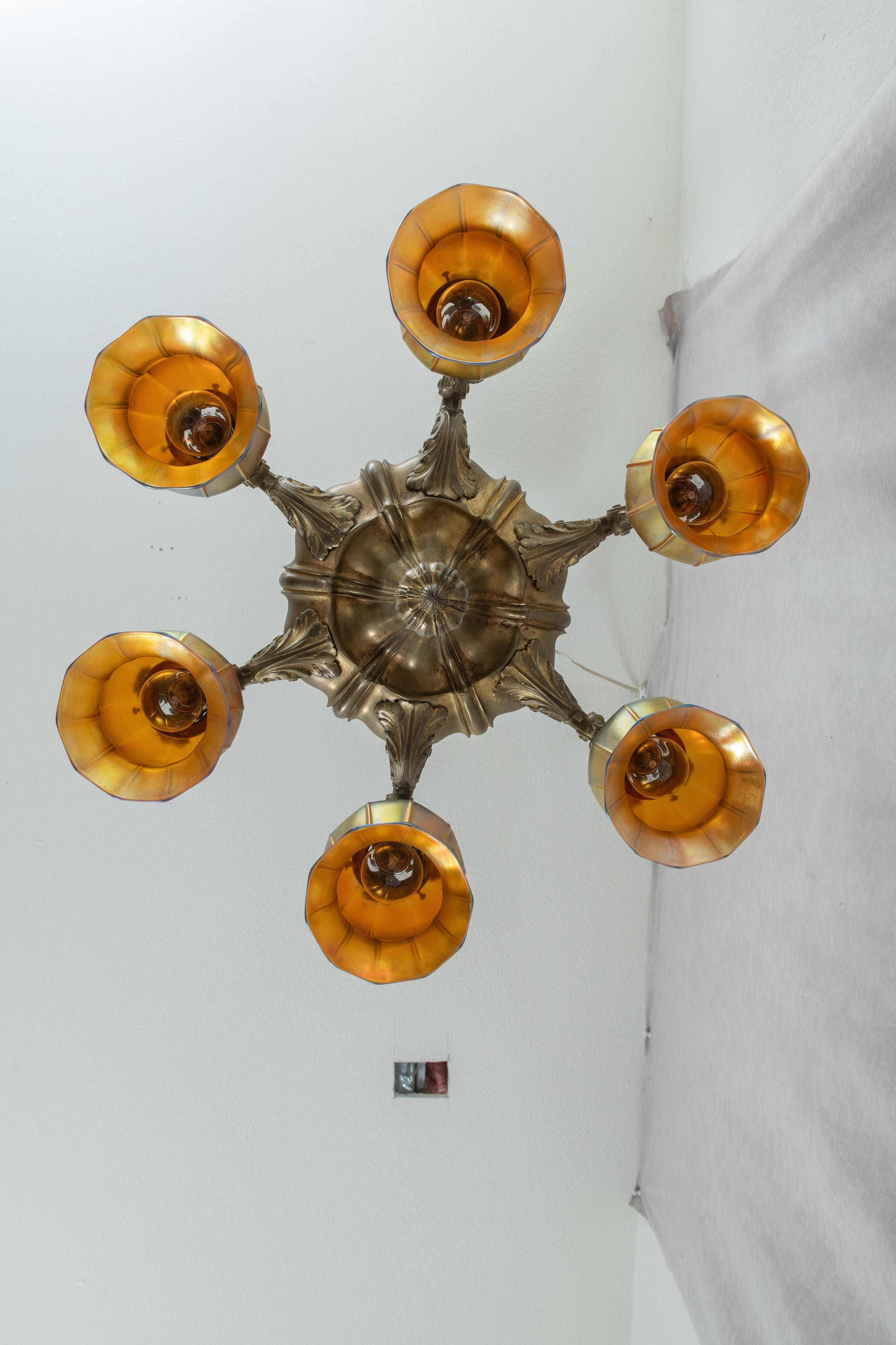 6 Arm Edwardian Bronze Chandelier w/ 6 Signed Quezal Art Glass Shades, ca. 1910 4