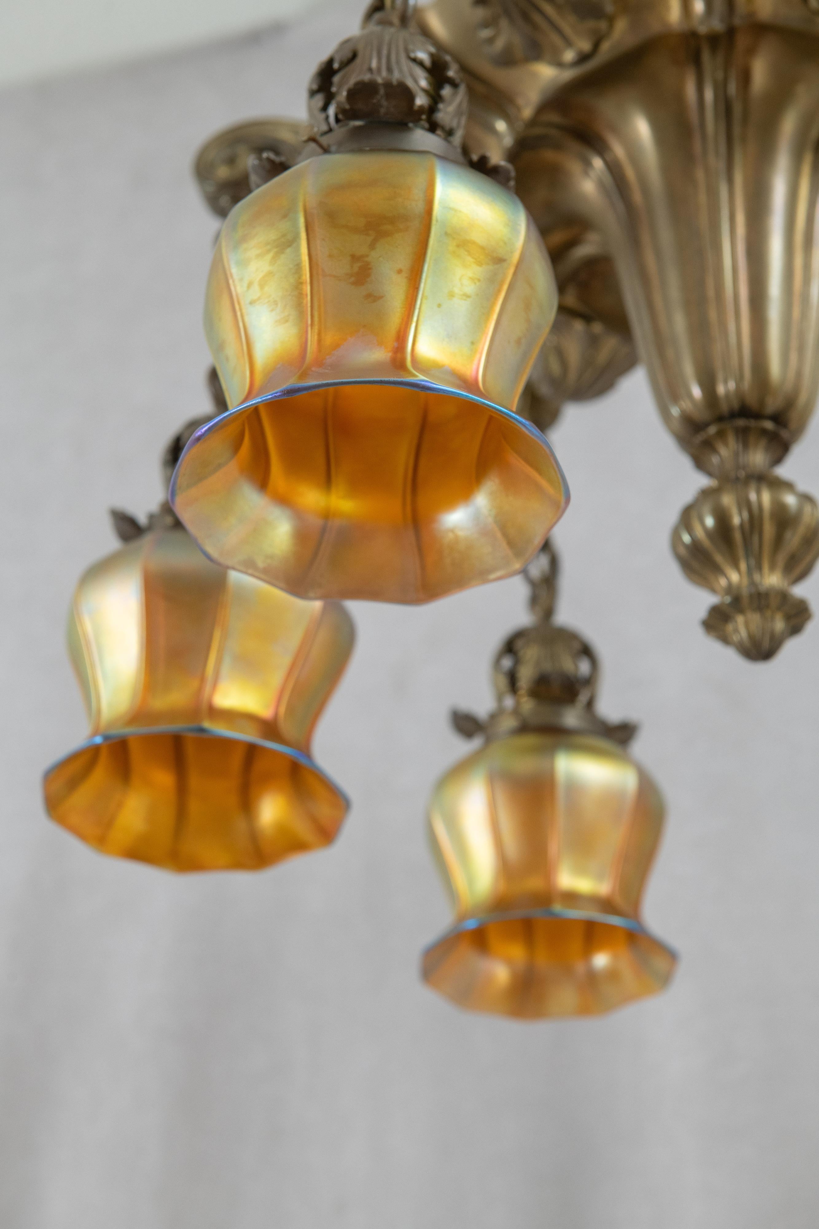6 Arm Edwardian Bronze Chandelier w/ 6 Signed Quezal Art Glass Shades, ca. 1910 6