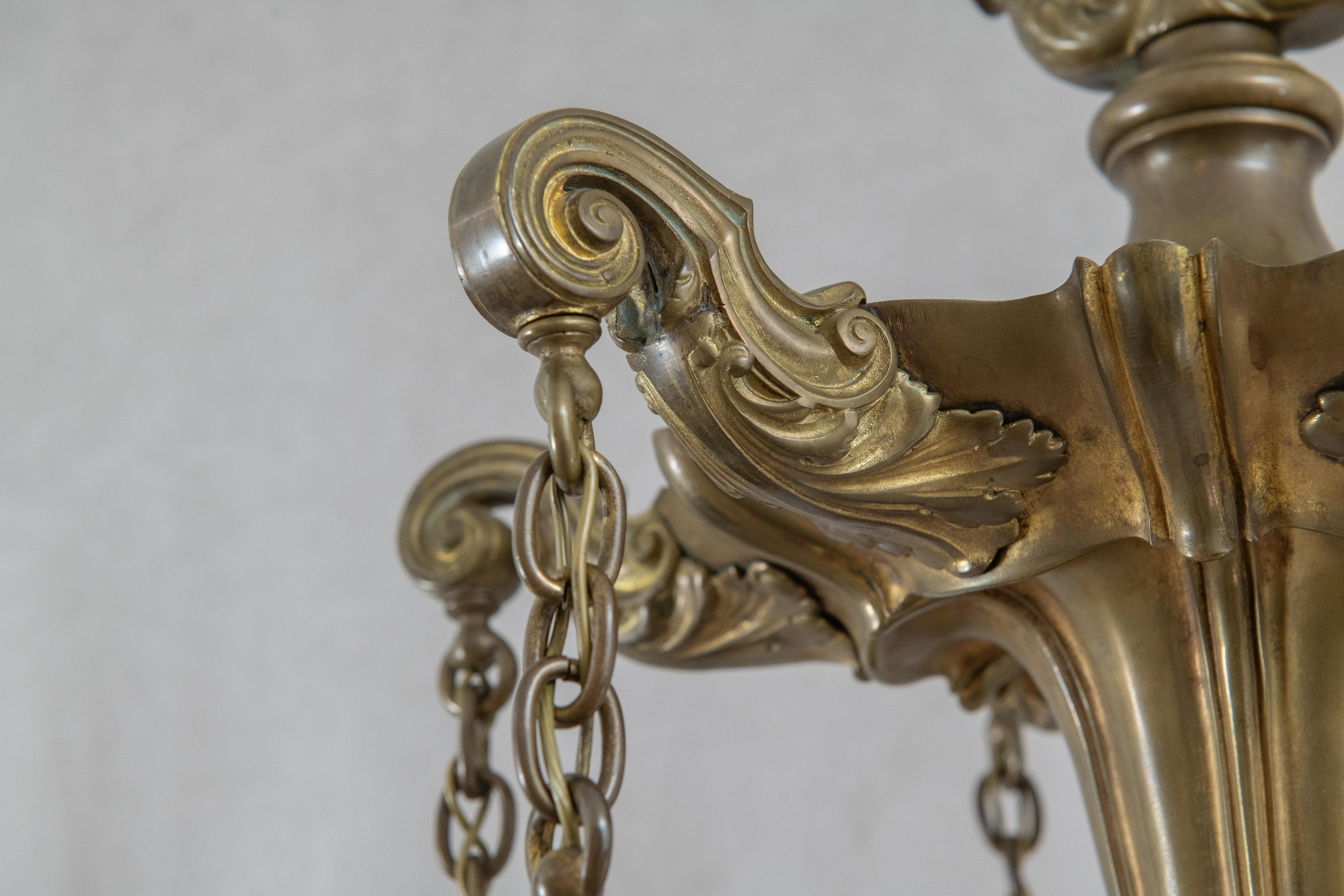 6 Arm Edwardian Bronze Chandelier w/ 6 Signed Quezal Art Glass Shades, ca. 1910 7