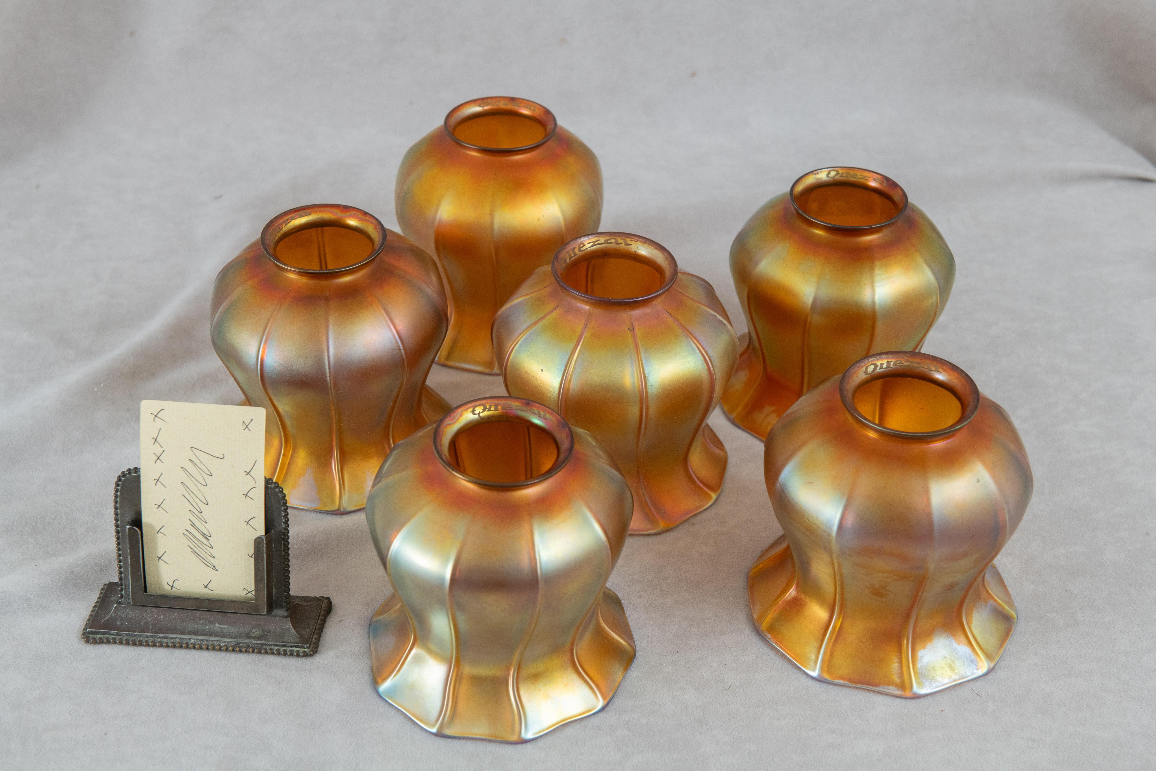 6 Arm Edwardian Bronze Chandelier w/ 6 Signed Quezal Art Glass Shades, ca. 1910 10