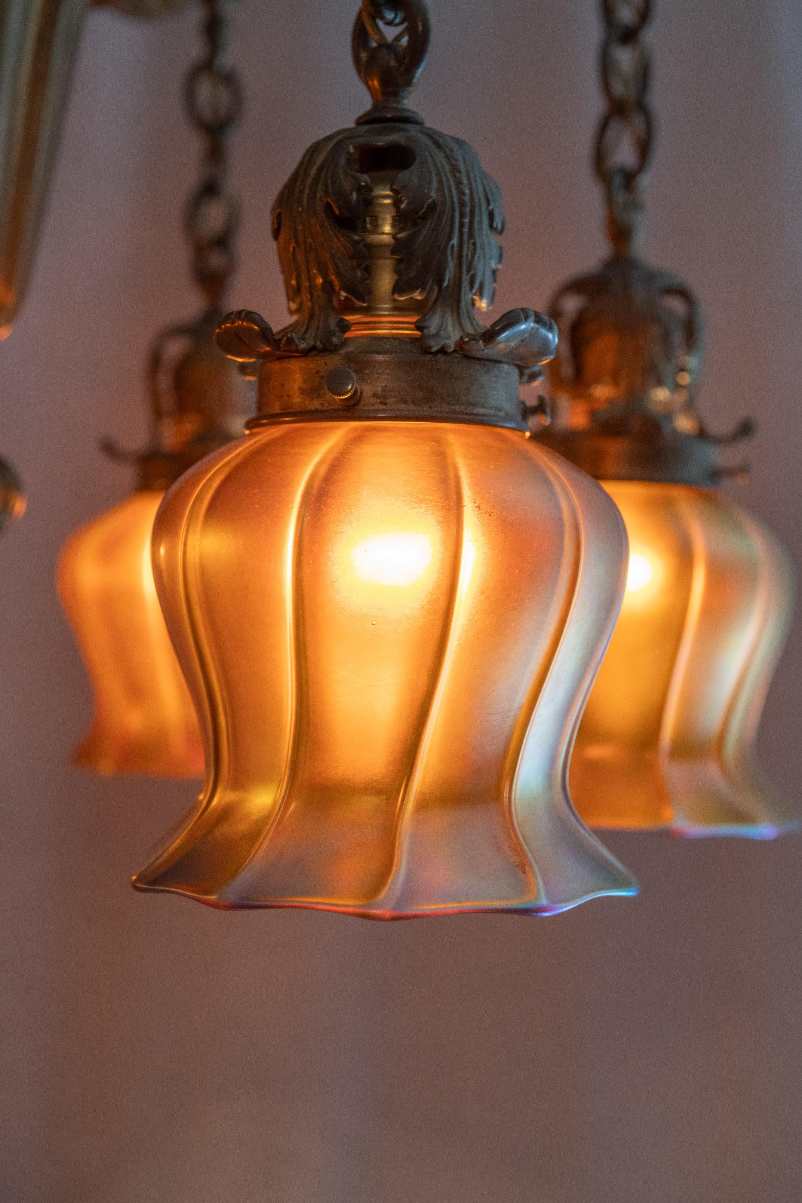 American 6 Arm Edwardian Bronze Chandelier w/ 6 Signed Quezal Art Glass Shades, ca. 1910