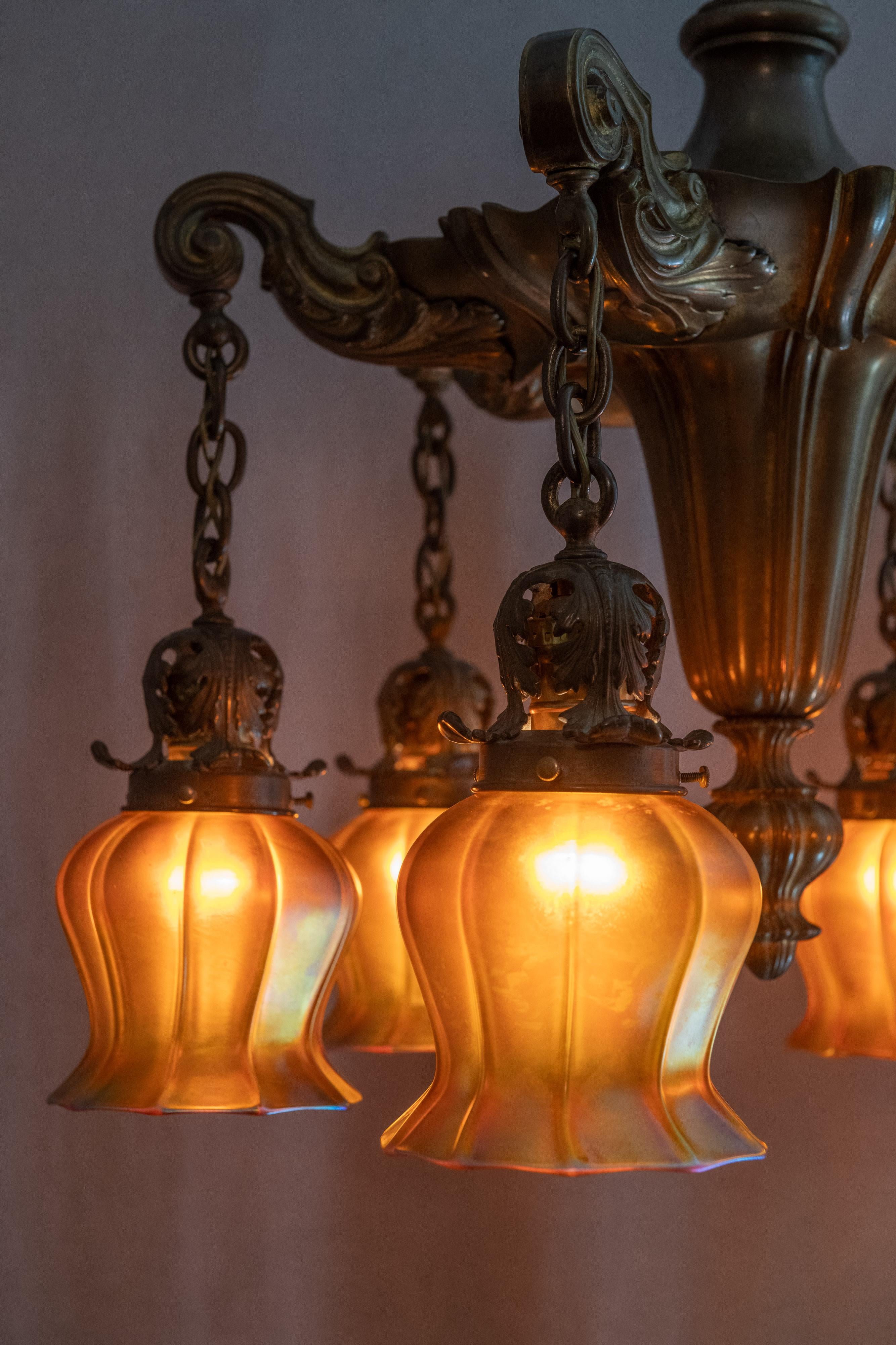 Cast 6 Arm Edwardian Bronze Chandelier w/ 6 Signed Quezal Art Glass Shades, ca. 1910