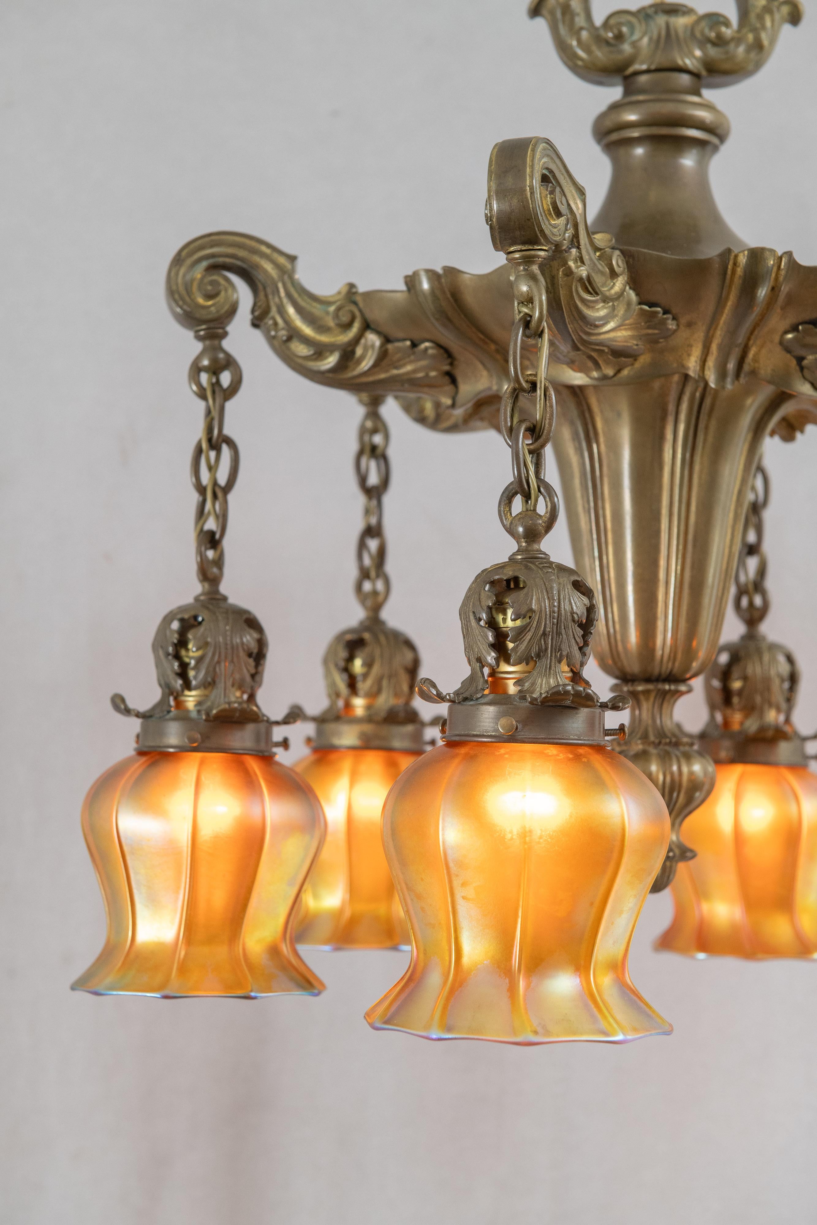 6 Arm Edwardian Bronze Chandelier w/ 6 Signed Quezal Art Glass Shades, ca. 1910 In Good Condition In Petaluma, CA