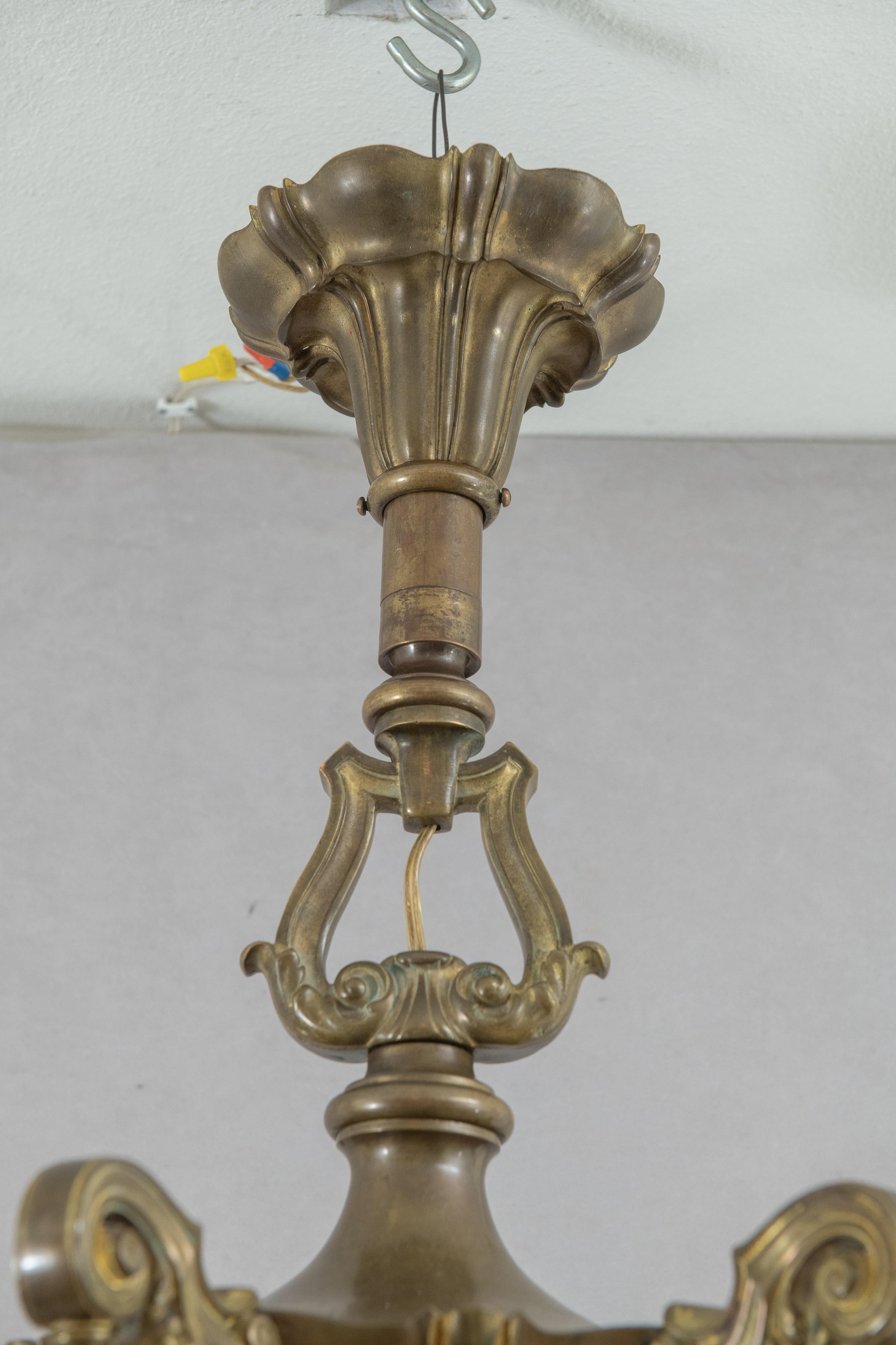 6 Arm Edwardian Bronze Chandelier w/ 6 Signed Quezal Art Glass Shades, ca. 1910 1