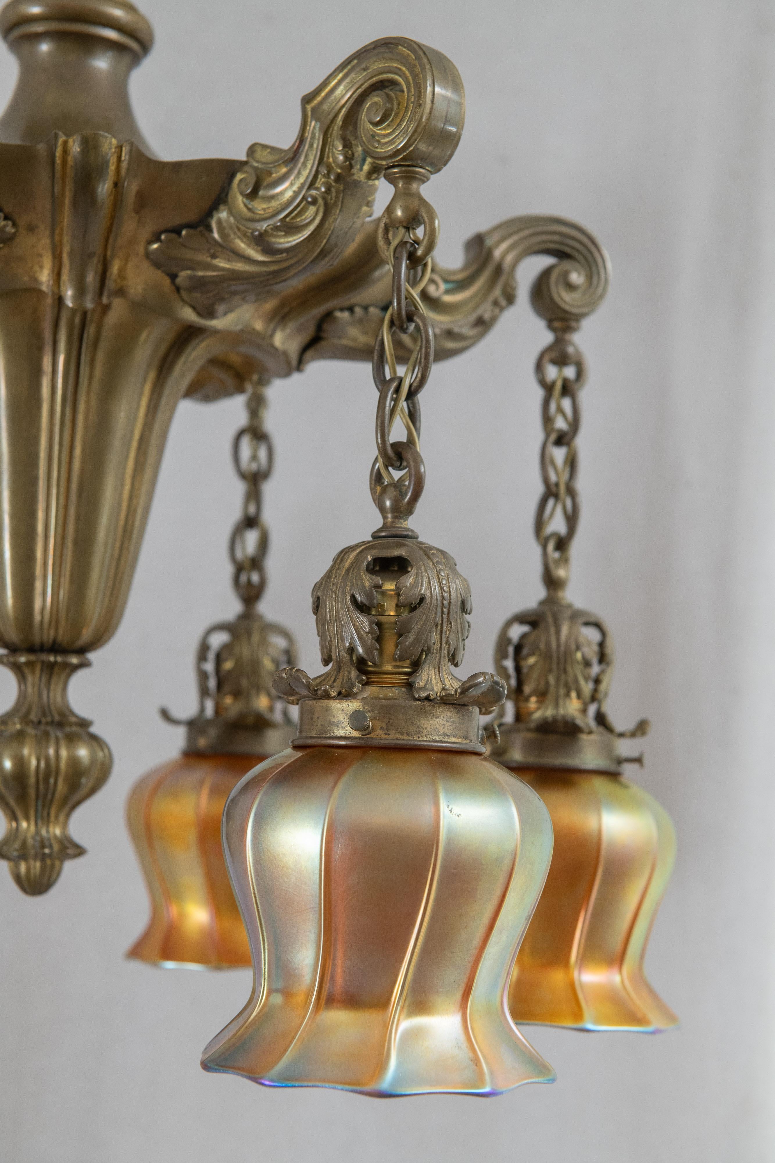 6 Arm Edwardian Bronze Chandelier w/ 6 Signed Quezal Art Glass Shades, ca. 1910 2