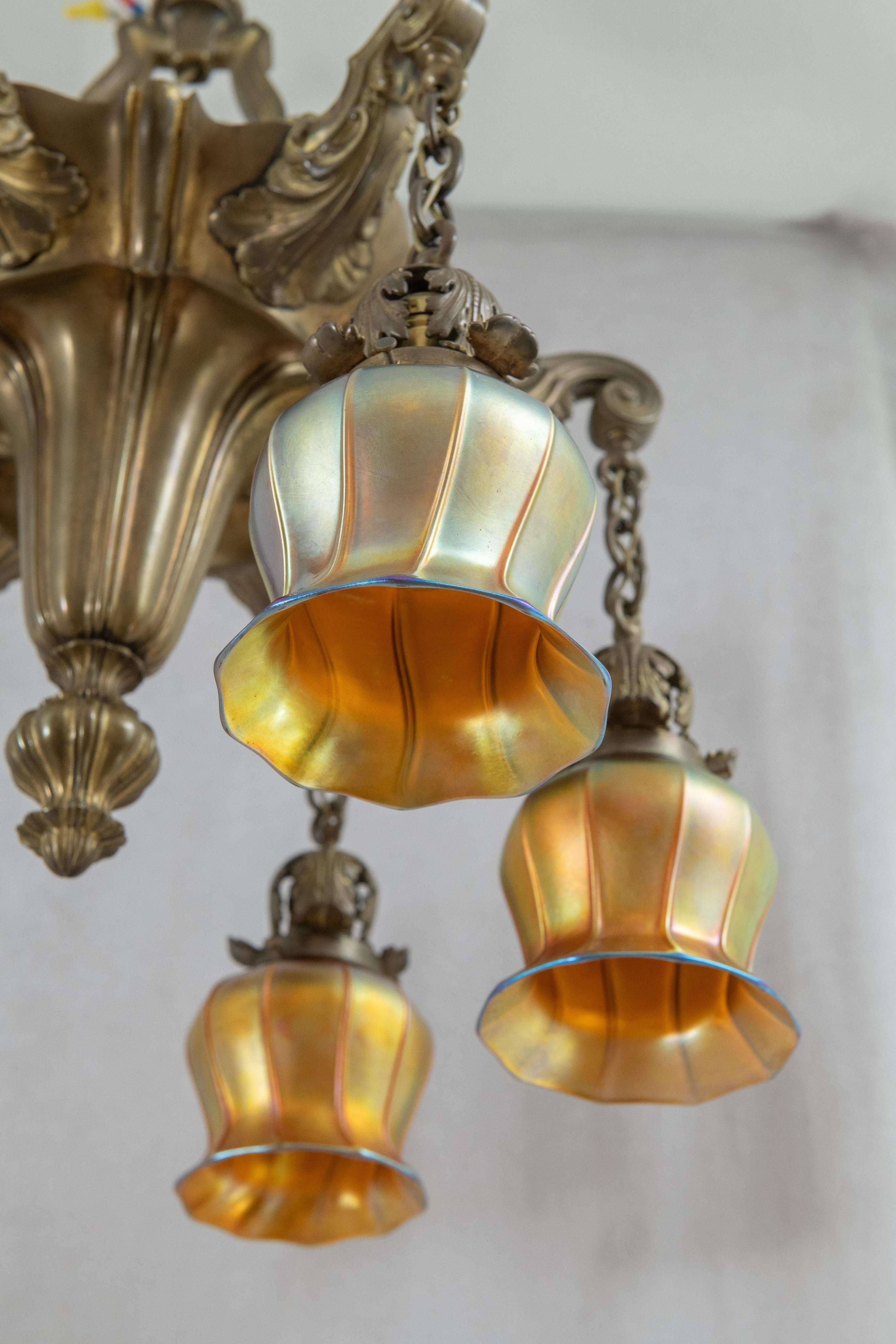 6 Arm Edwardian Bronze Chandelier w/ 6 Signed Quezal Art Glass Shades, ca. 1910 3