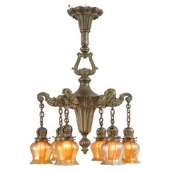 6 Arm Edwardian Bronze Chandelier w/ 6 Signed Quezal Art Glass Shades, ca. 1910