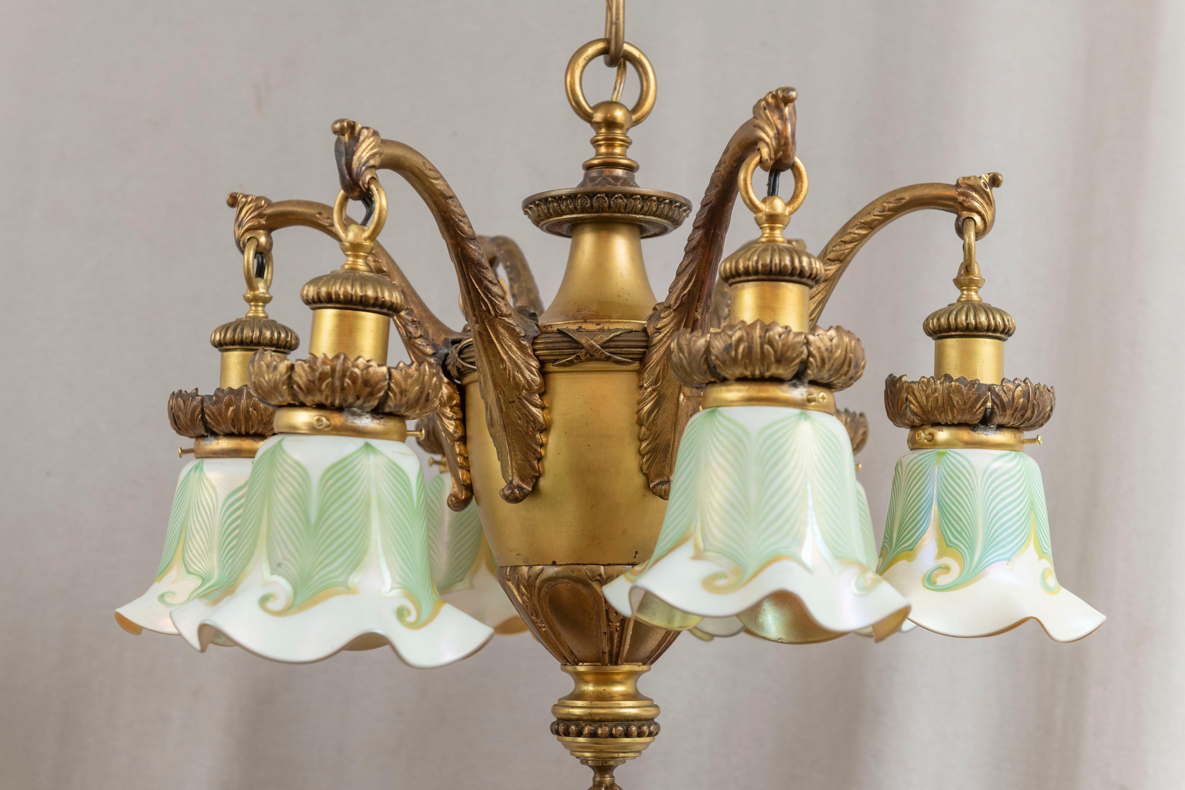 6 Arm Edwardian Chandelier w/ Hand Blown Shades all Signed by Quezal ca. 1910 7