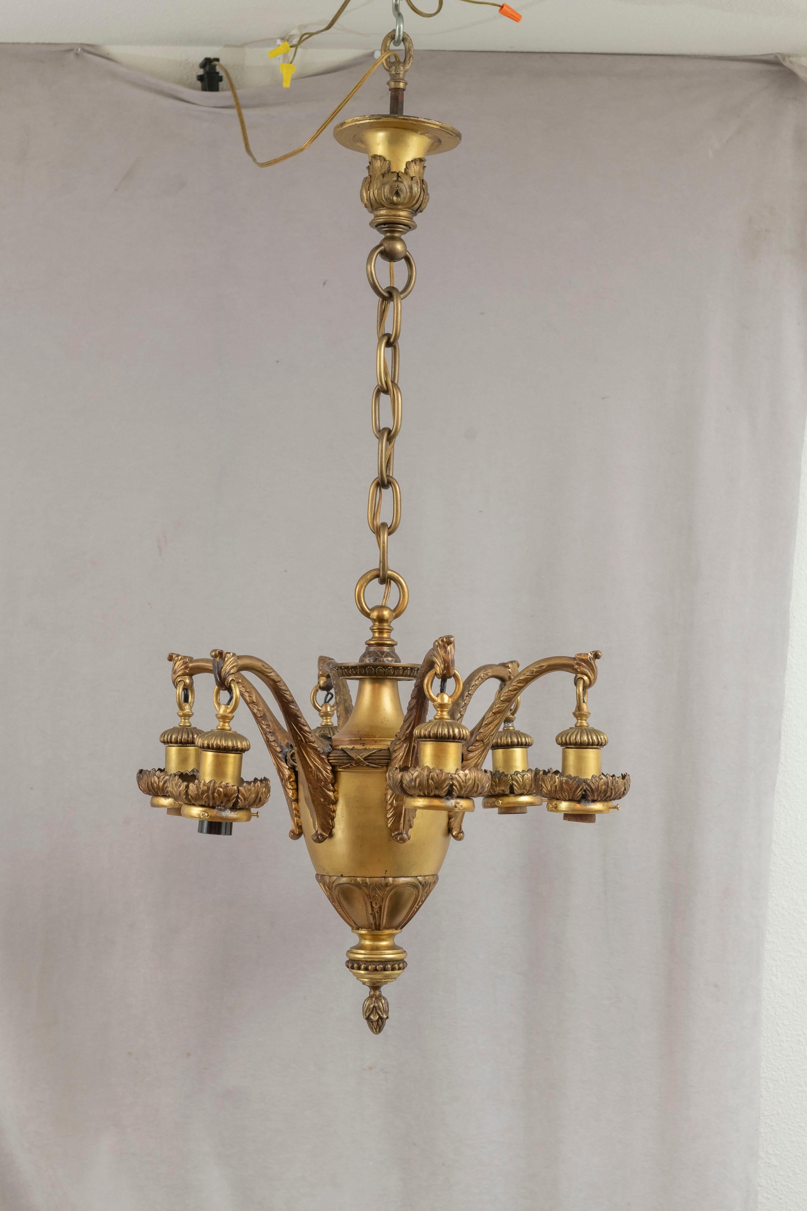 6 Arm Edwardian Chandelier w/ Hand Blown Shades all Signed by Quezal ca. 1910 10