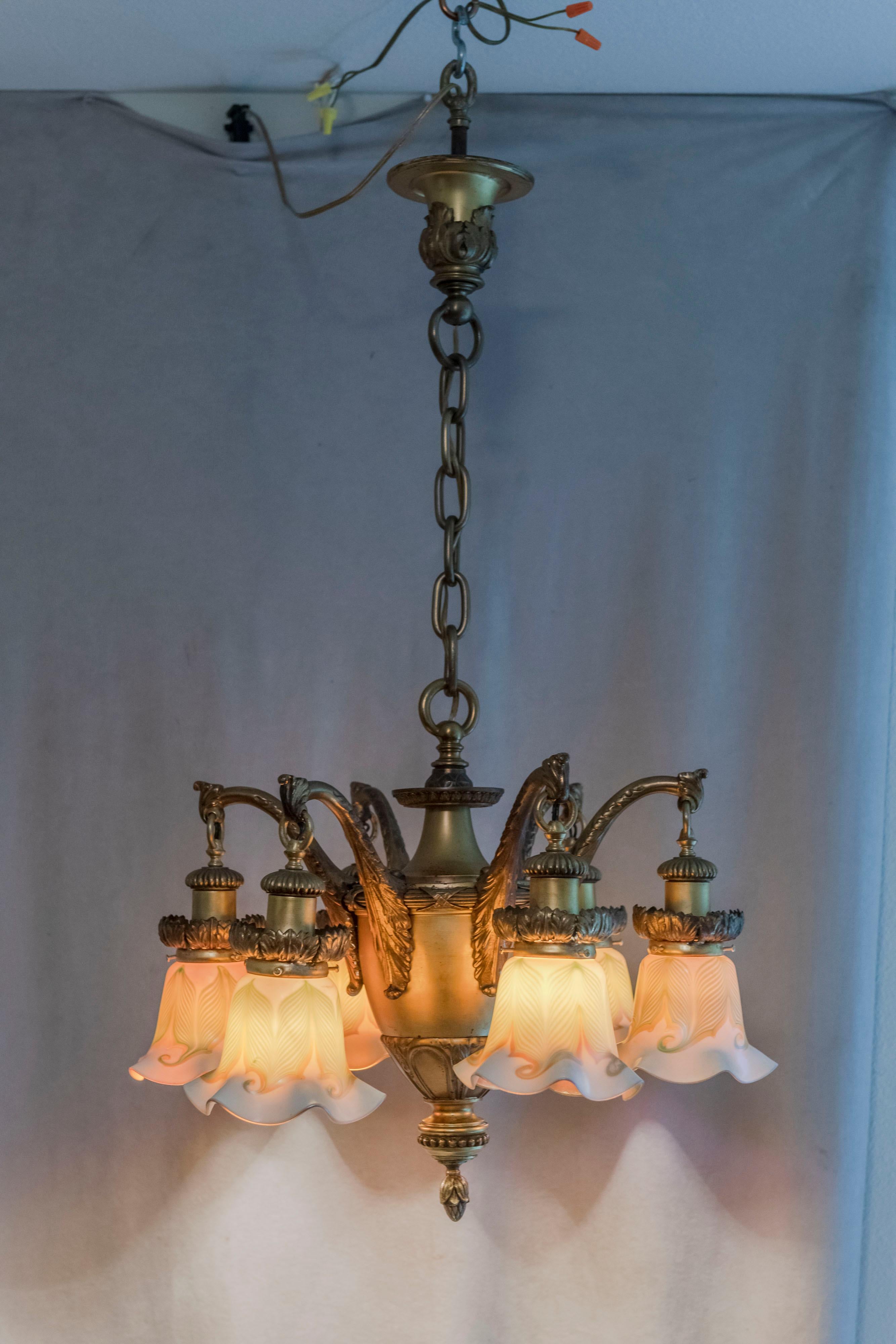 6 Arm Edwardian Chandelier w/ Hand Blown Shades all Signed by Quezal ca. 1910 In Excellent Condition In Petaluma, CA
