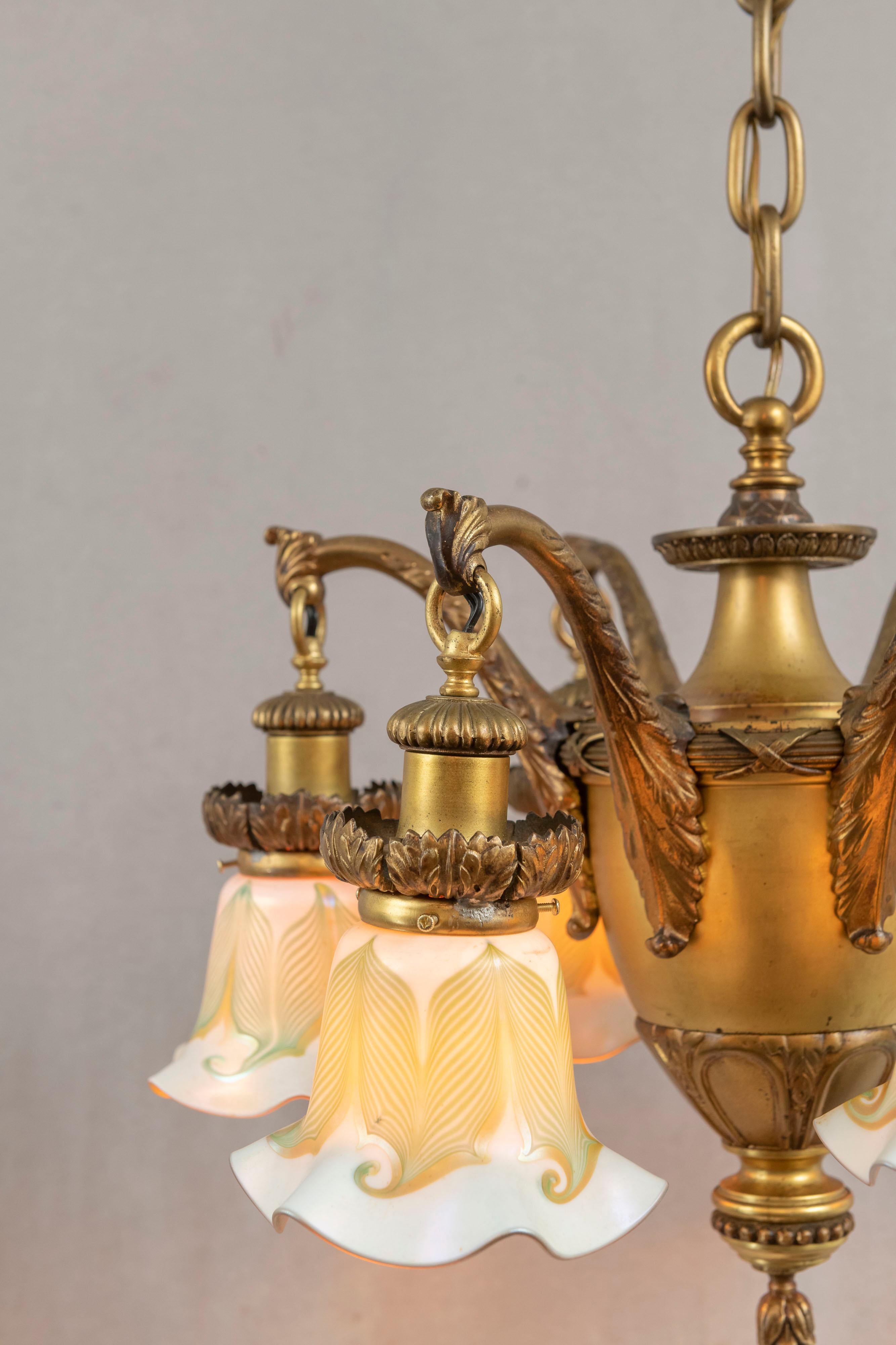 20th Century 6 Arm Edwardian Chandelier w/ Hand Blown Shades all Signed by Quezal ca. 1910