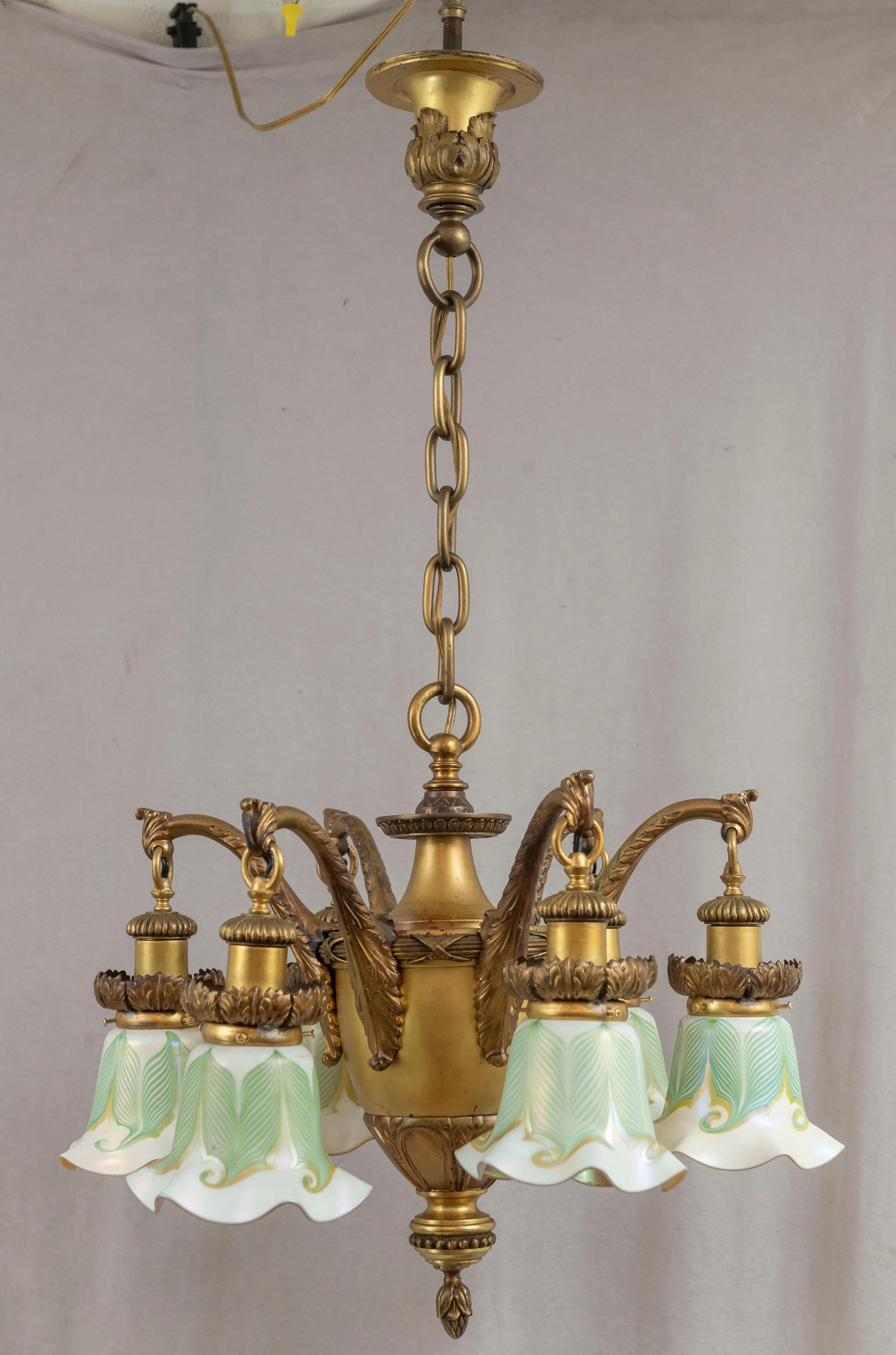 Bronze 6 Arm Edwardian Chandelier w/ Hand Blown Shades all Signed by Quezal ca. 1910