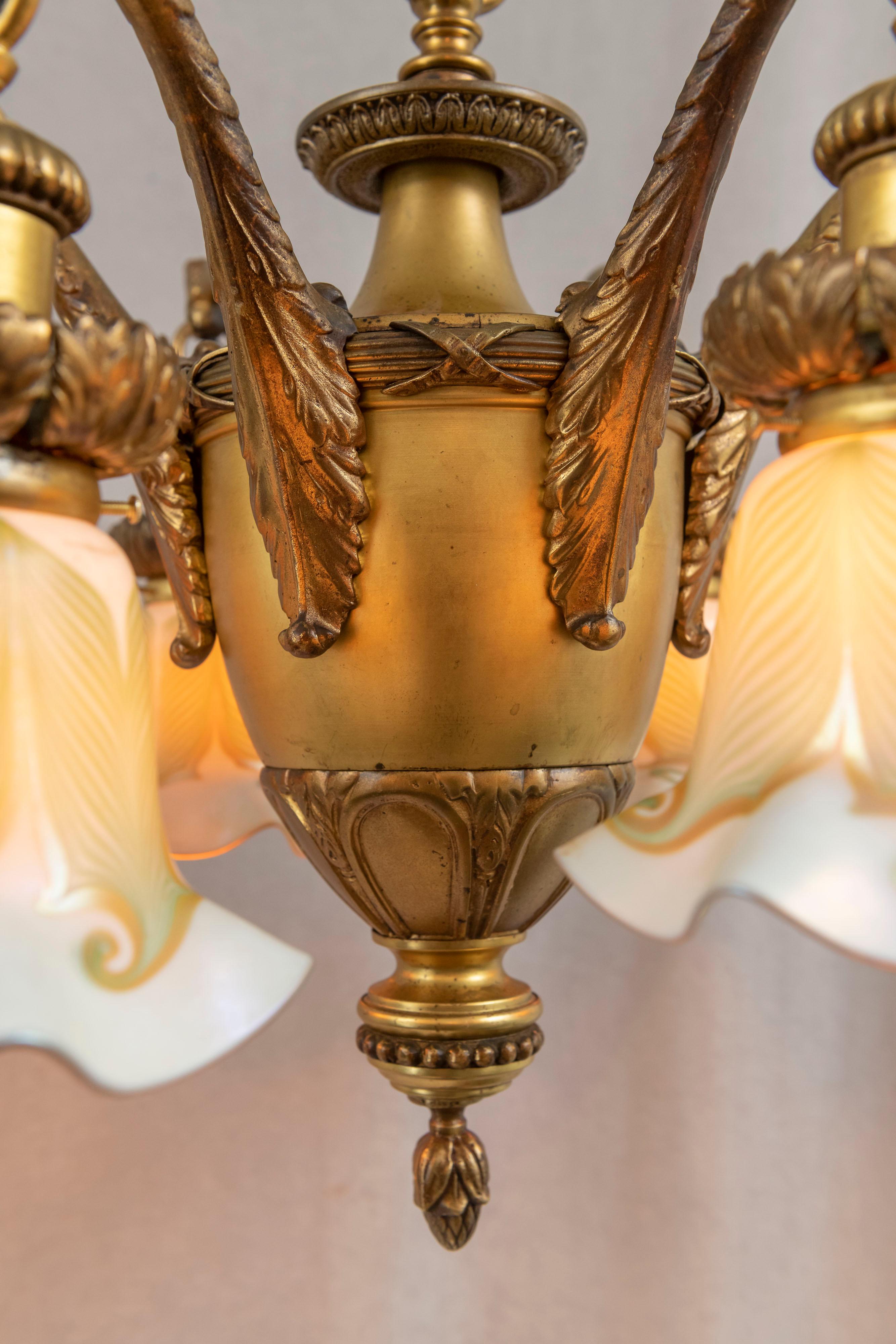 6 Arm Edwardian Chandelier w/ Hand Blown Shades all Signed by Quezal ca. 1910 2