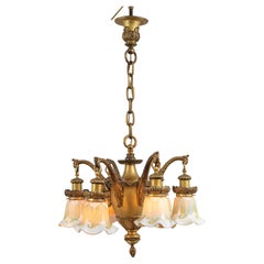 6 Arm Edwardian Chandelier w/ Hand Blown Shades all Signed by Quezal ca. 1910